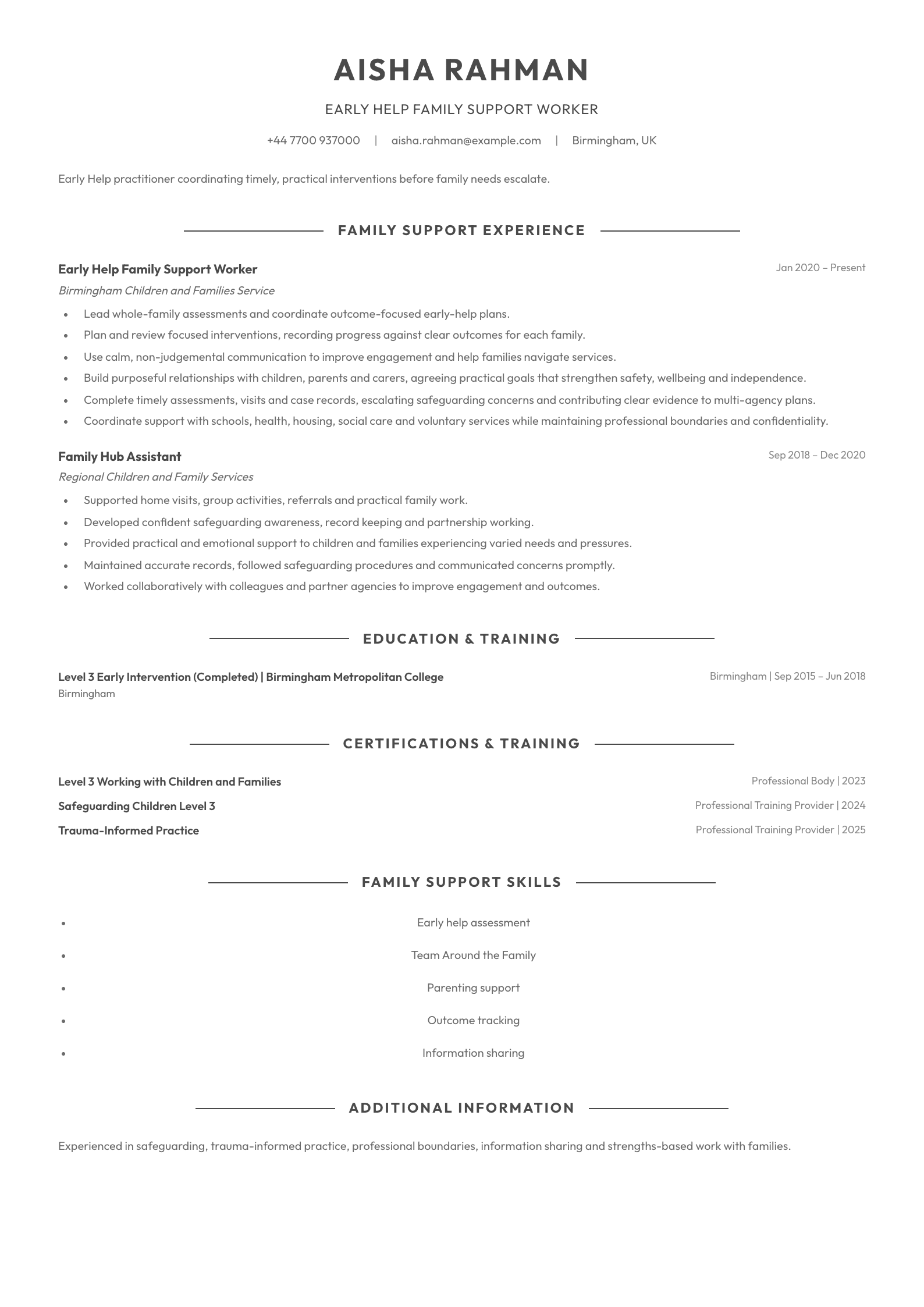 Early Help Family Support Worker CV template