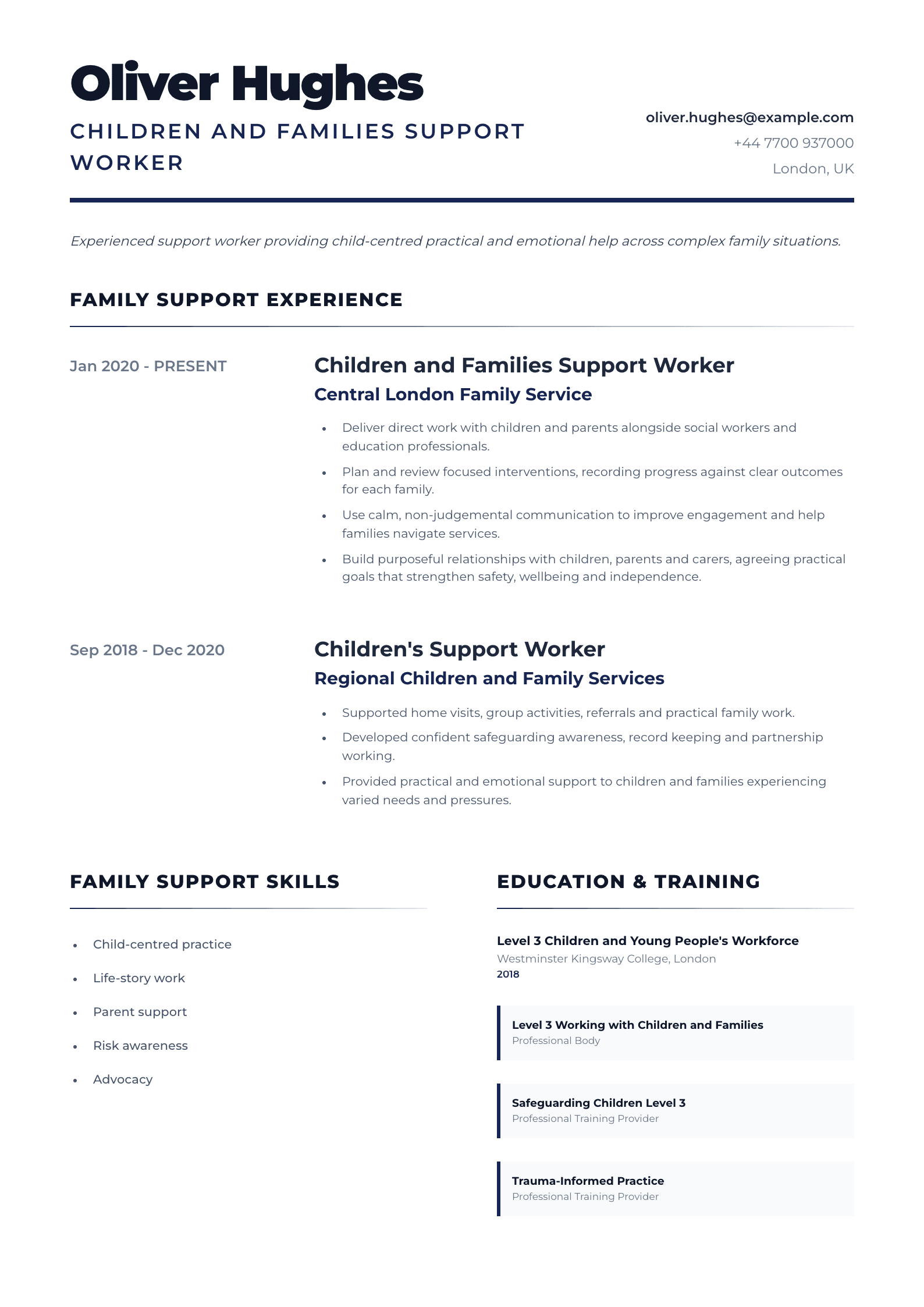 Children and Families Support Worker CV template