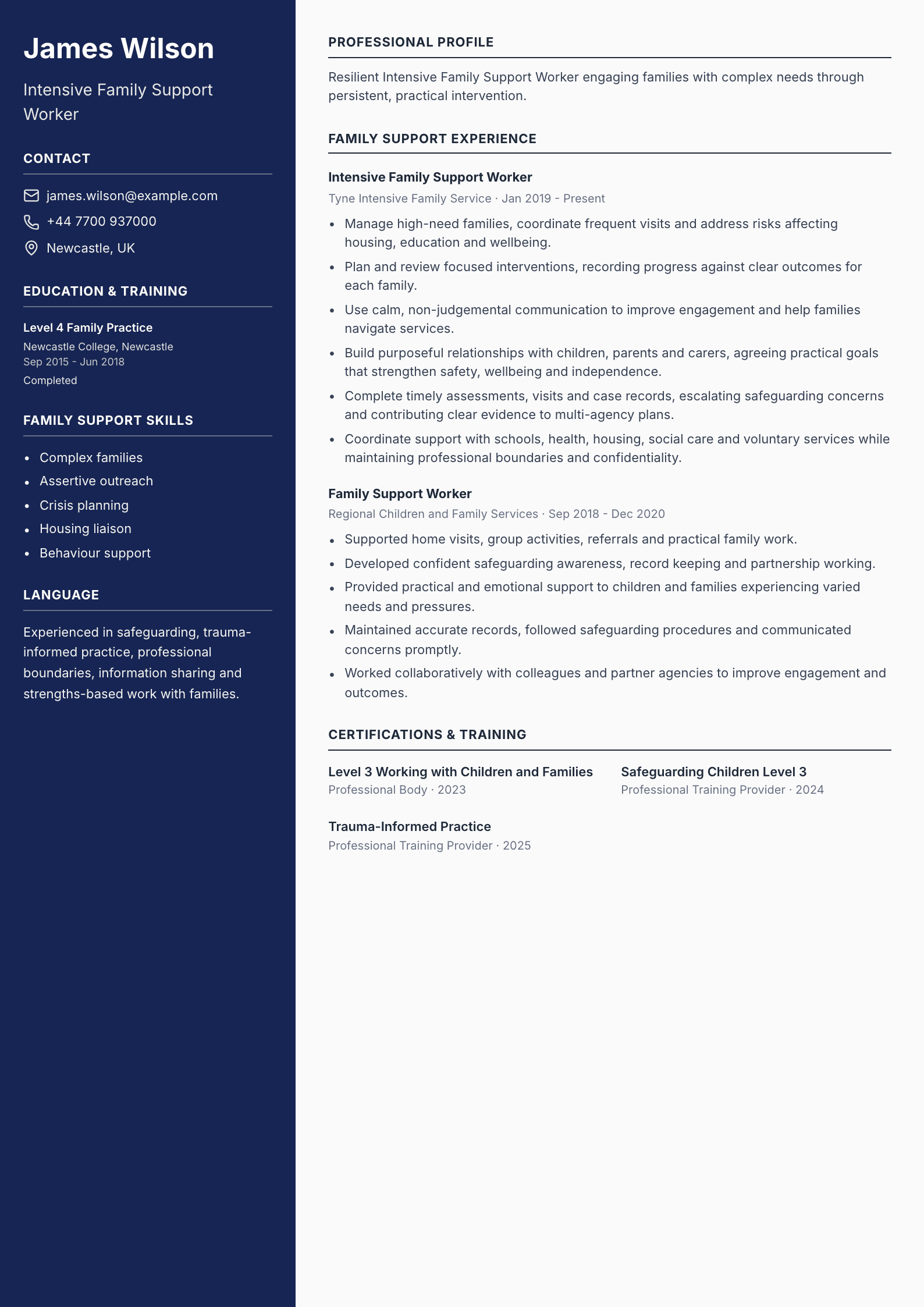Intensive Family Support Worker CV template
