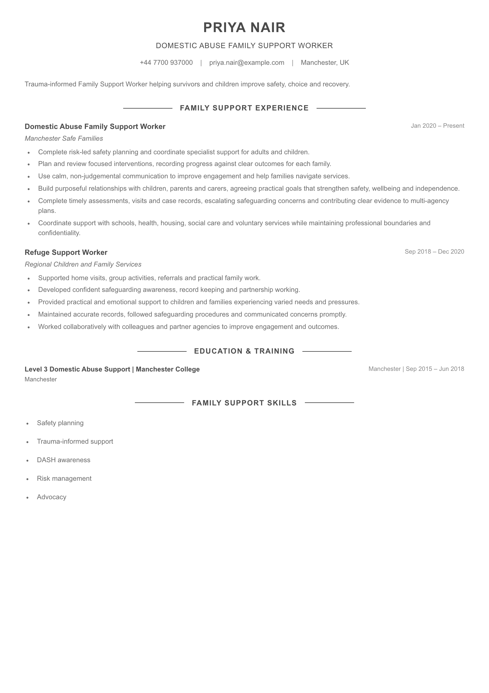 Domestic Abuse Family Support Worker CV template