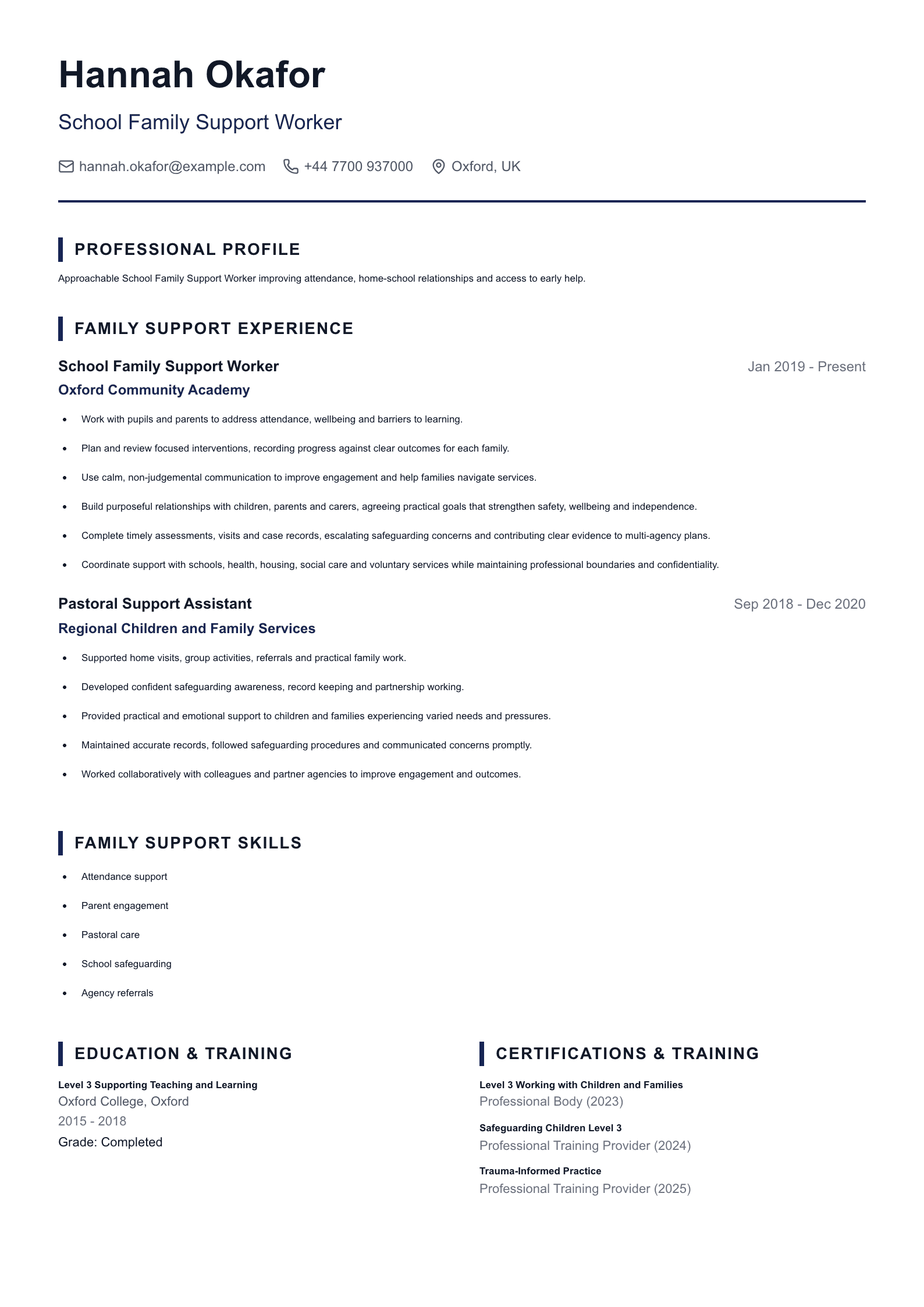 School Family Support Worker CV template