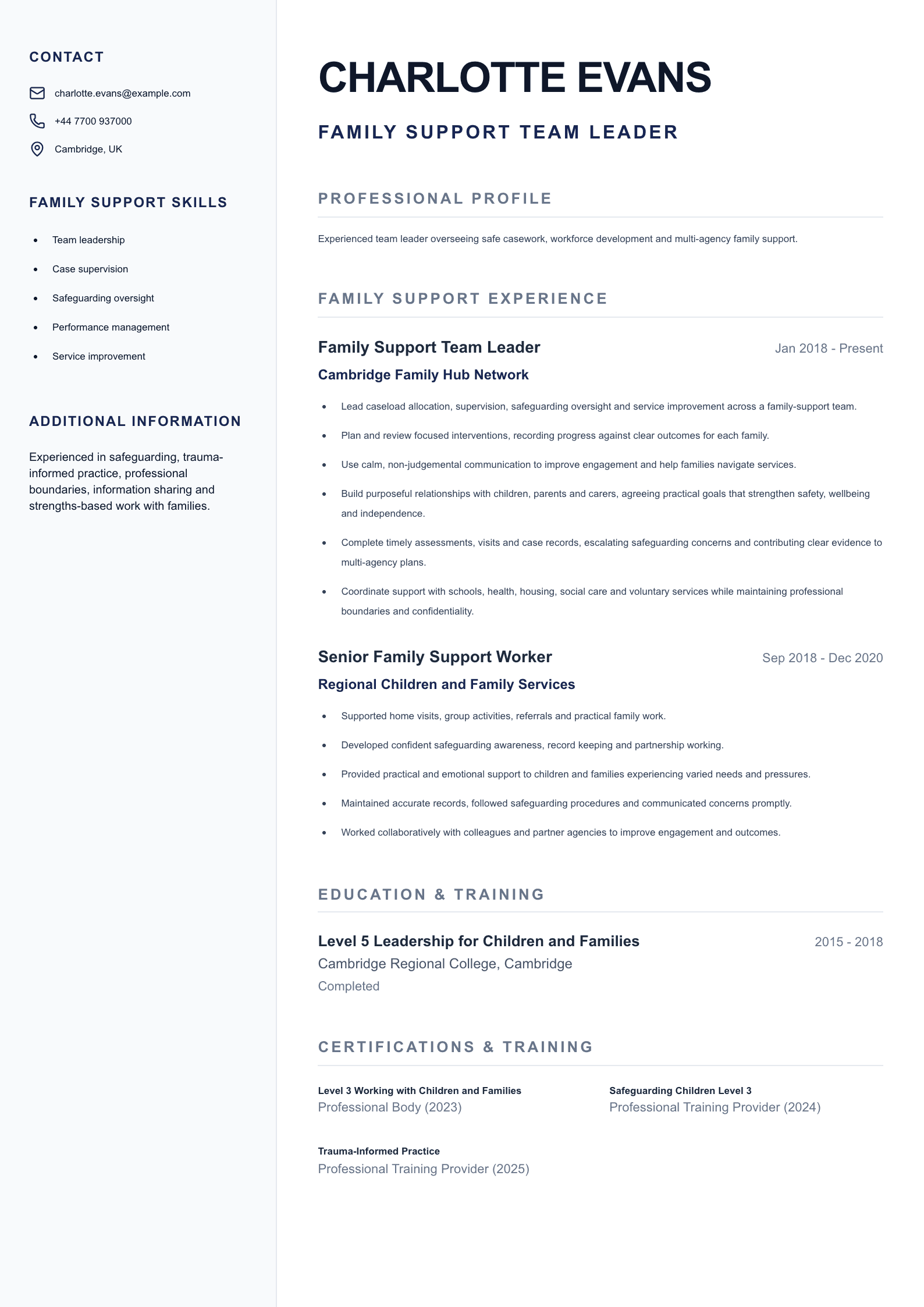 Family Support Team Leader CV template