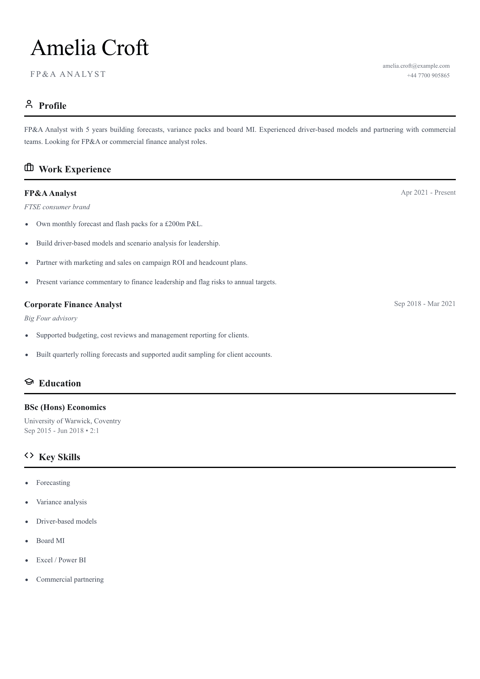 fp&a analyst cv template