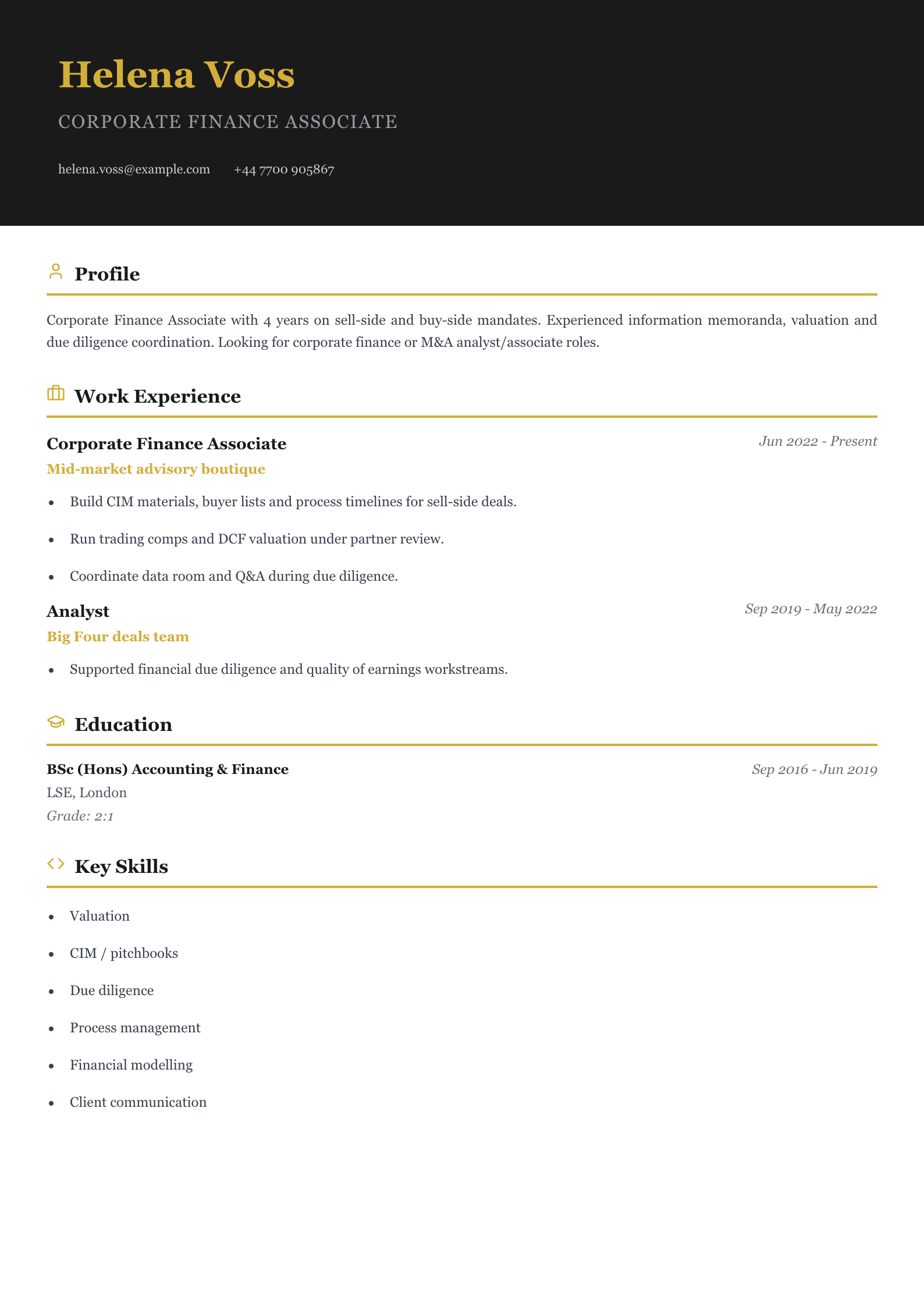 corporate finance associate cv template
