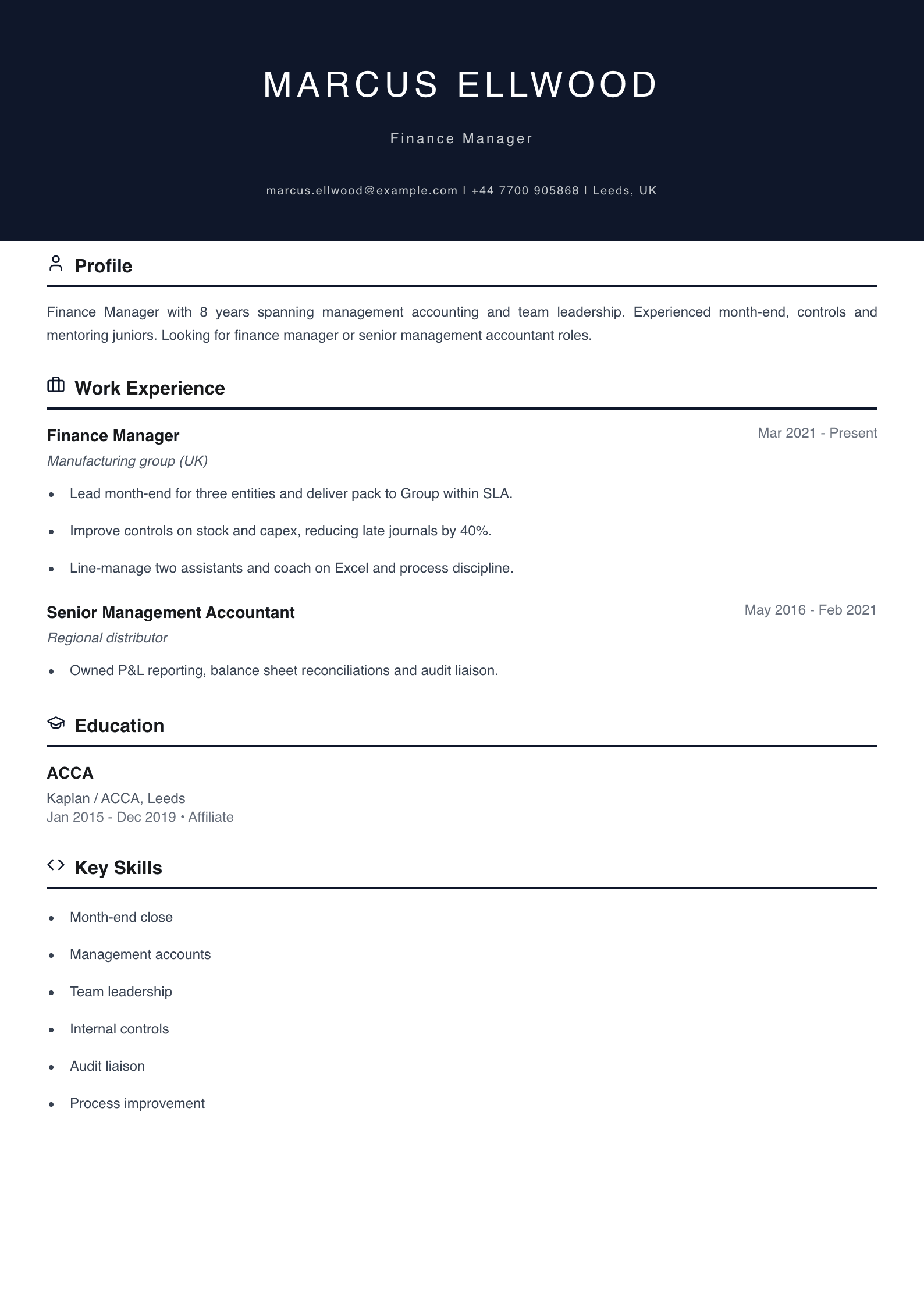 finance manager cv template
