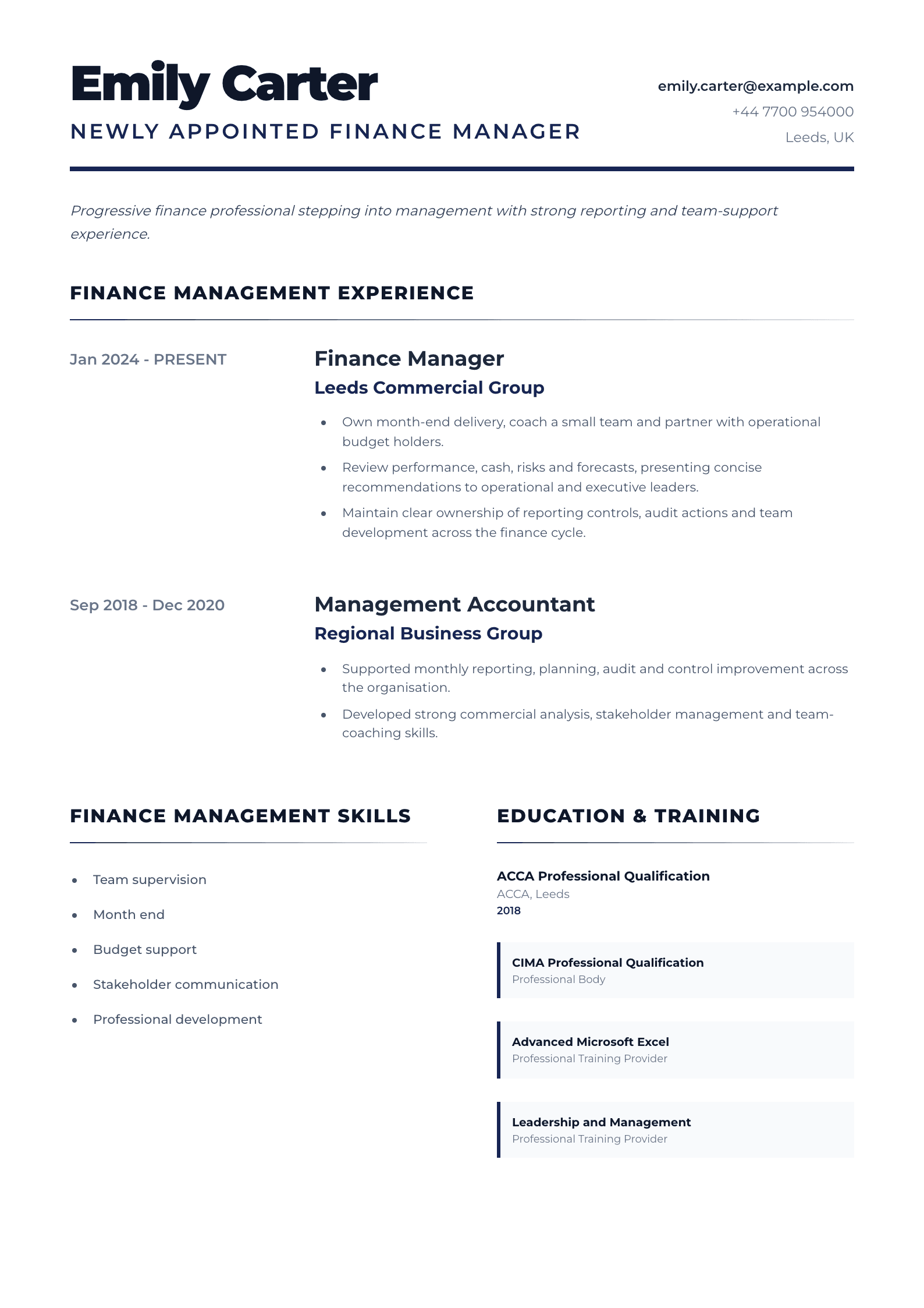 Newly Appointed Finance Manager CV template