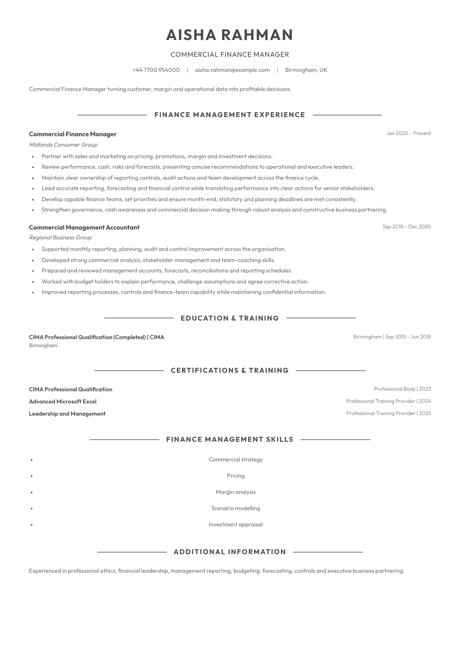Commercial Finance Manager CV template