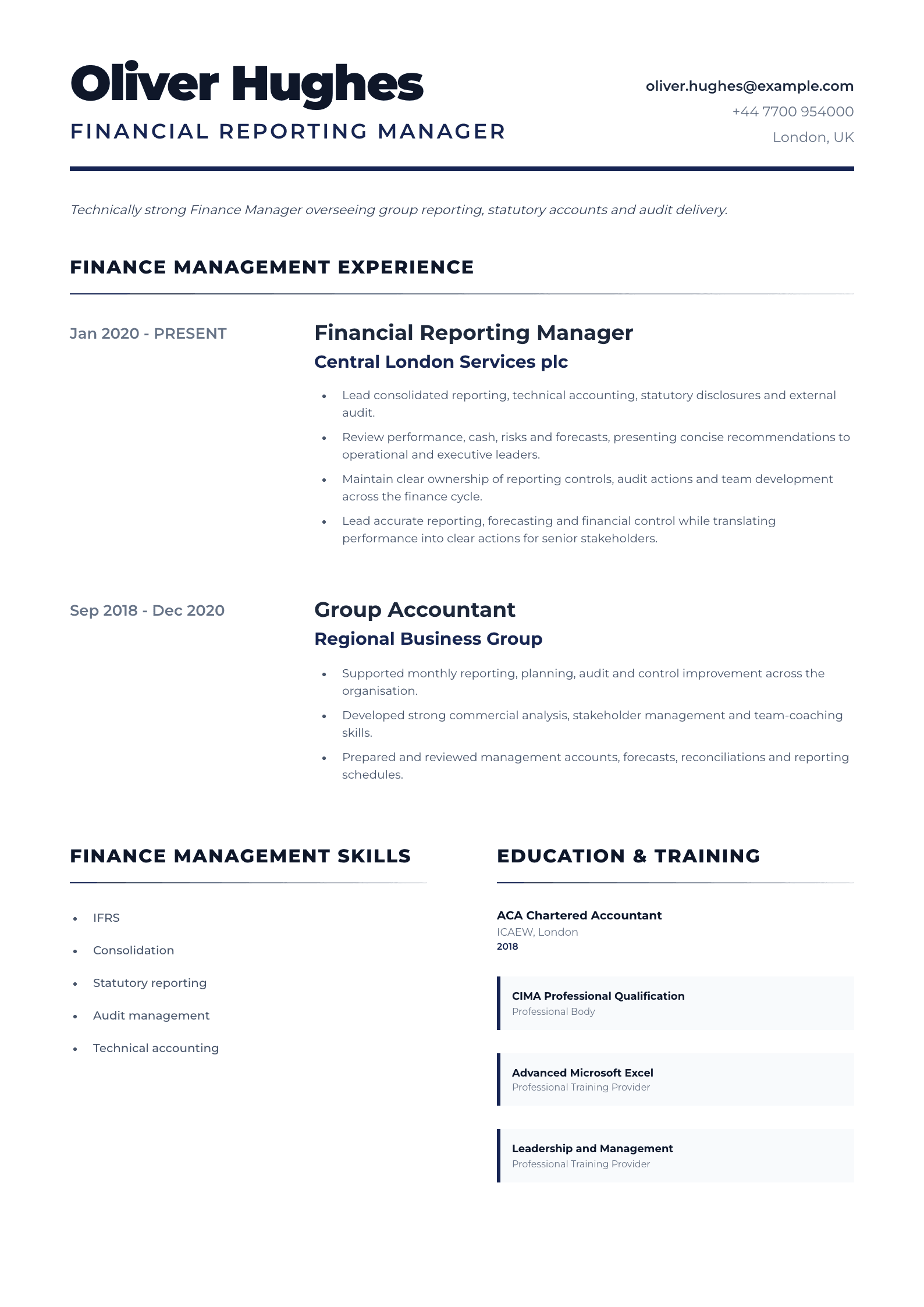 Financial Reporting Manager CV template