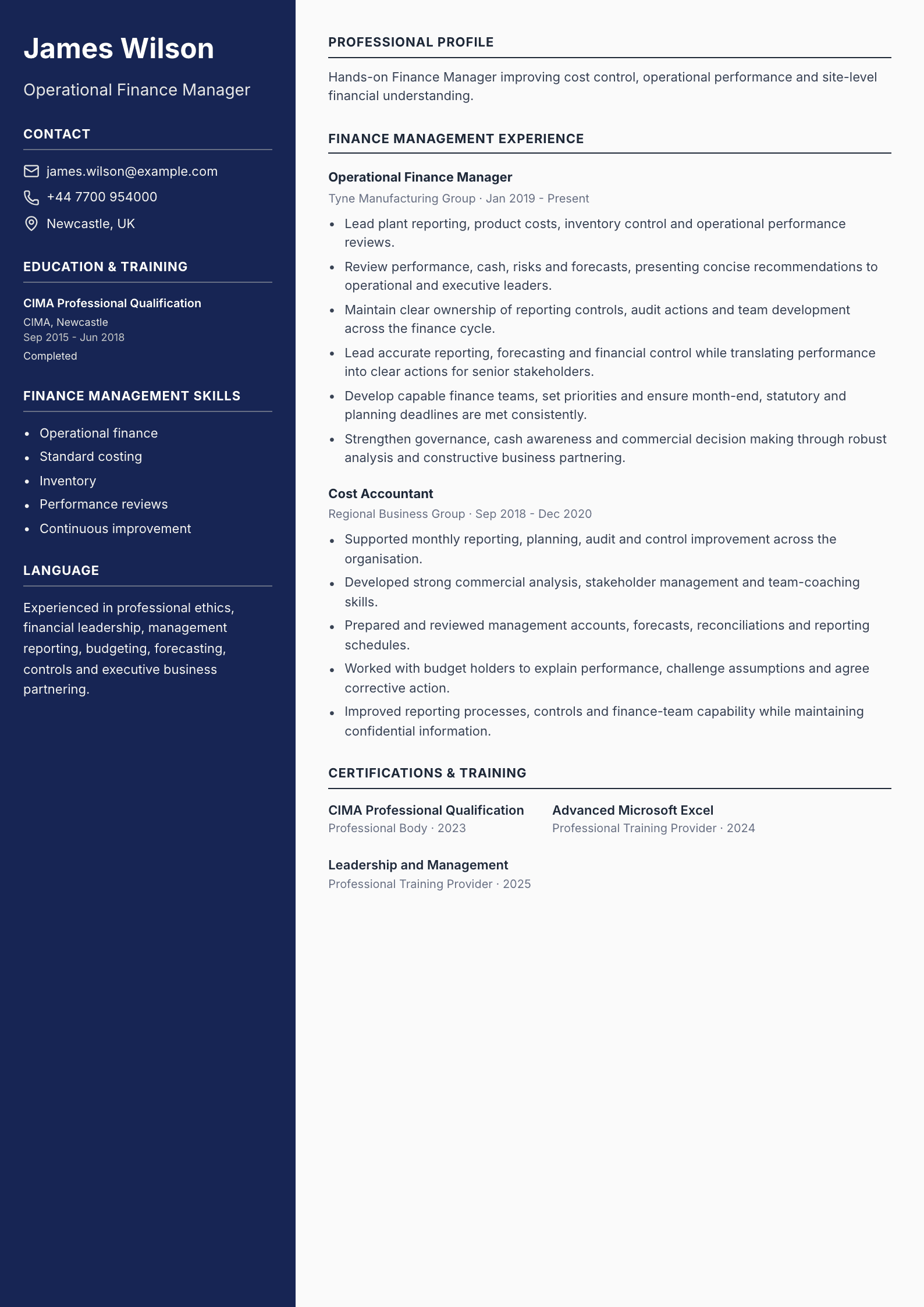 Operational Finance Manager CV template