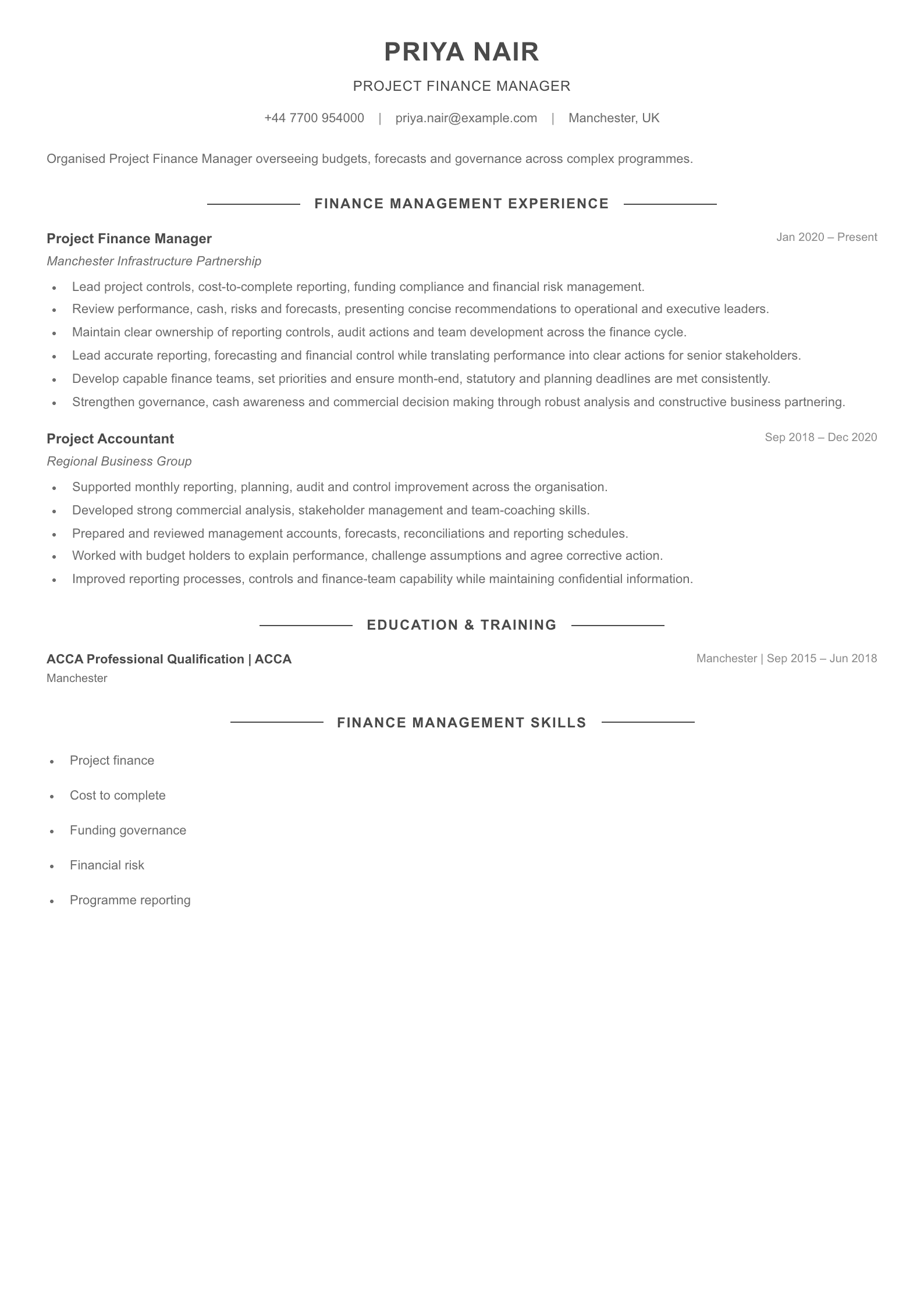 Project Finance Manager CV template