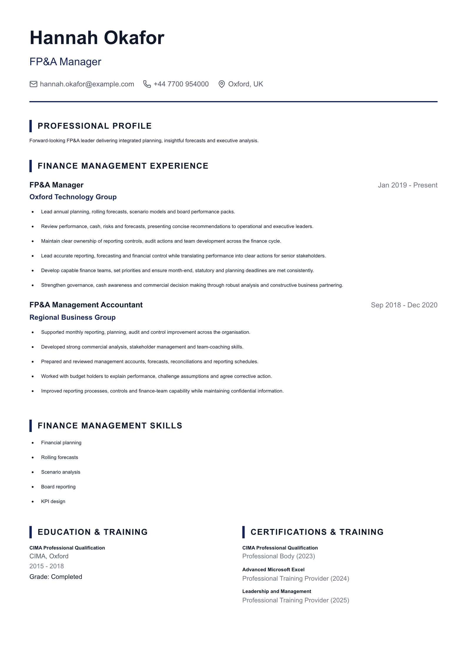 FP&A Manager CV template