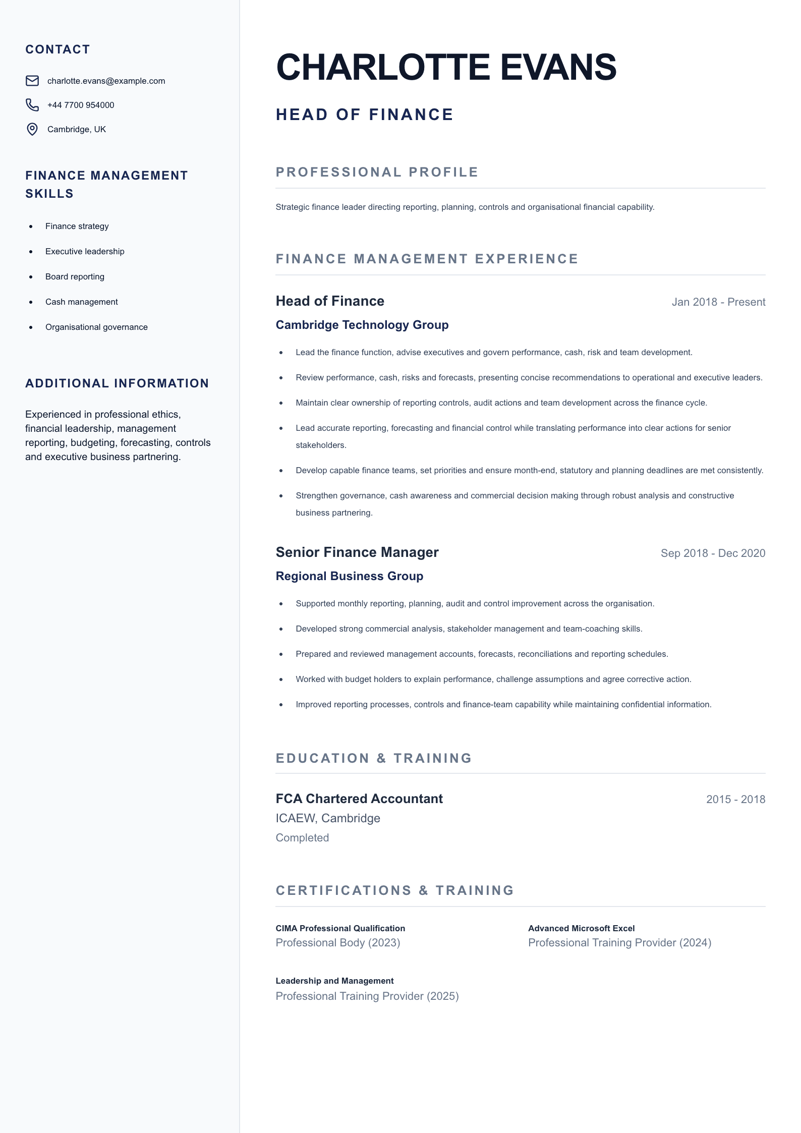 Head of Finance CV template