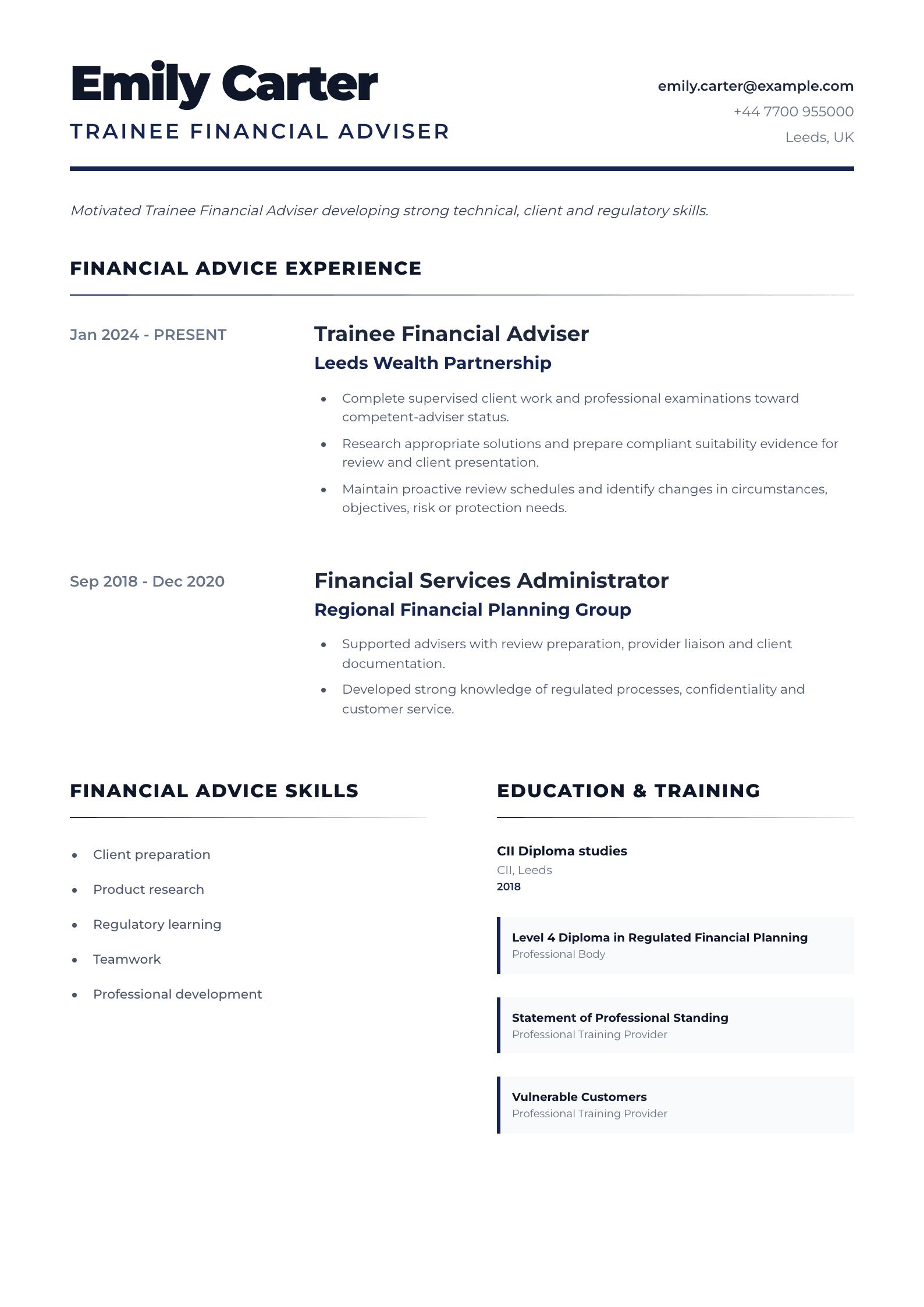 Trainee Financial Adviser CV template