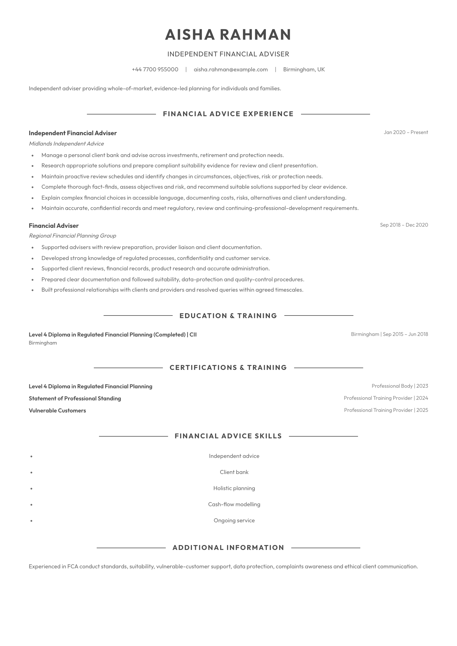 Independent Financial Adviser CV template