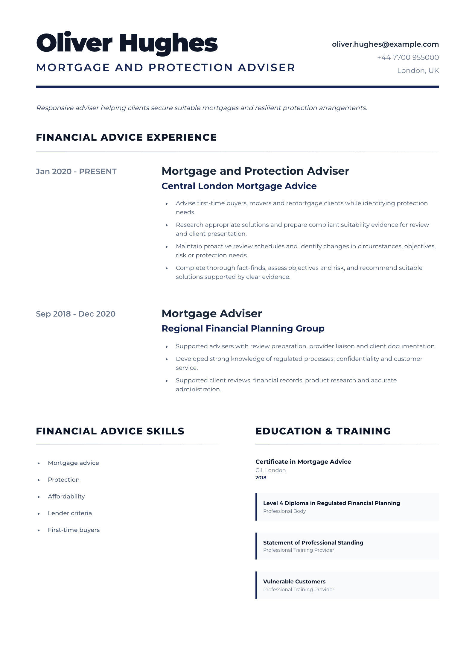 Mortgage and Protection Adviser CV template