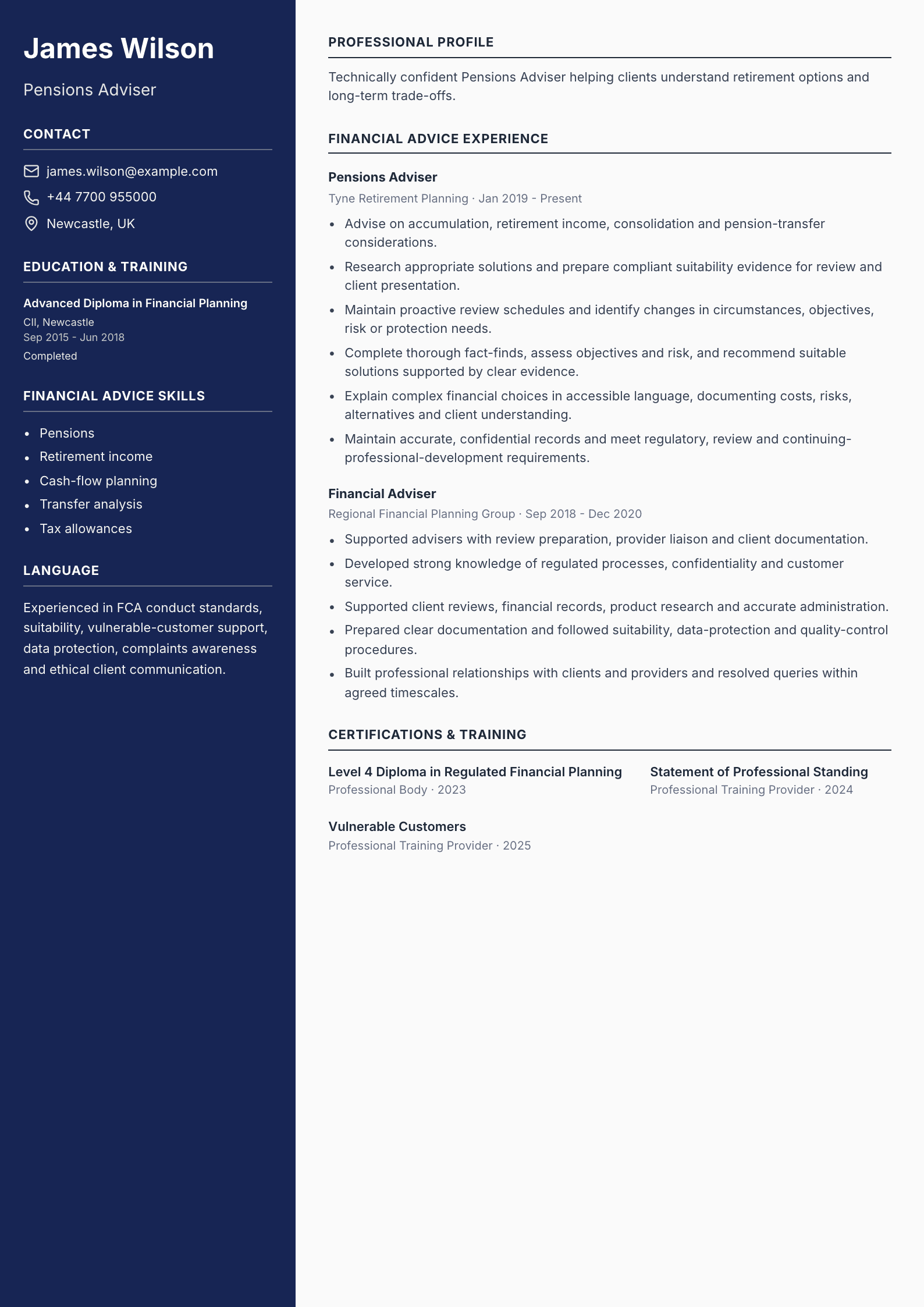 Pensions Adviser CV template