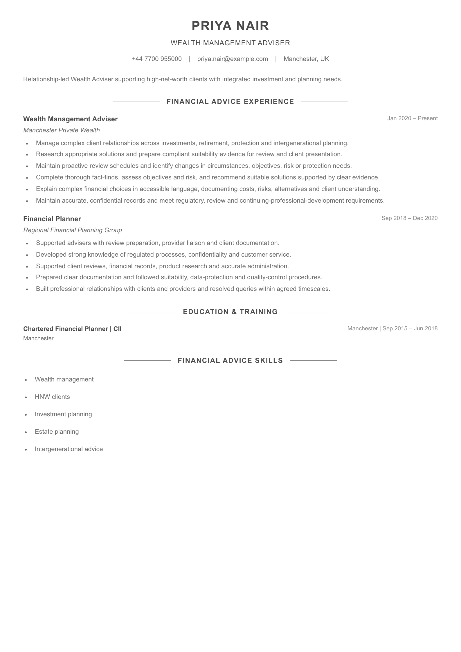 Wealth Management Adviser CV template