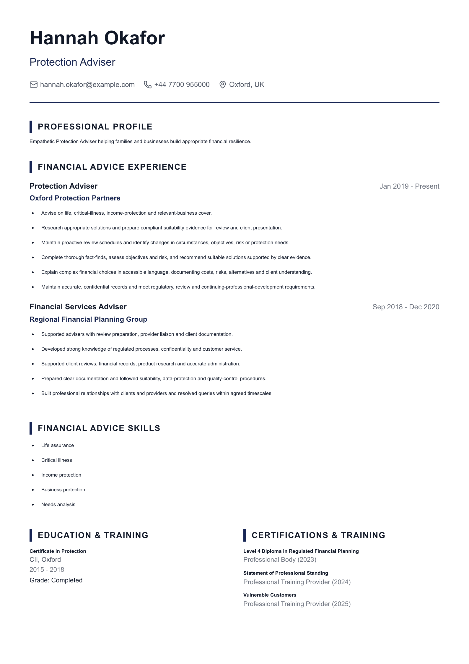 Protection Adviser CV template