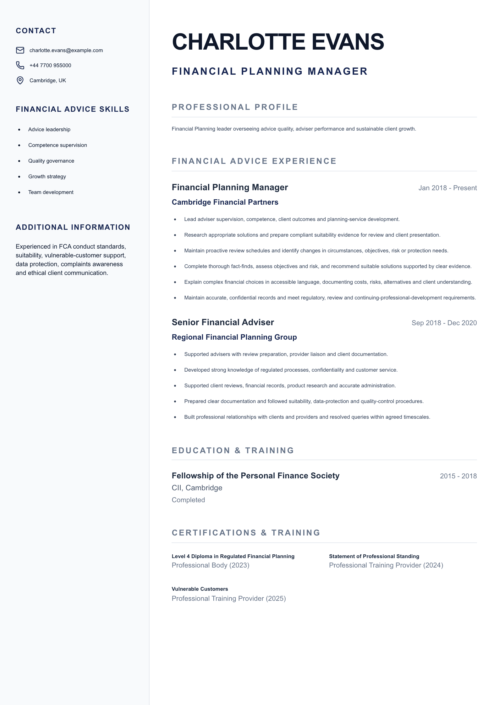 Financial Planning Manager CV template