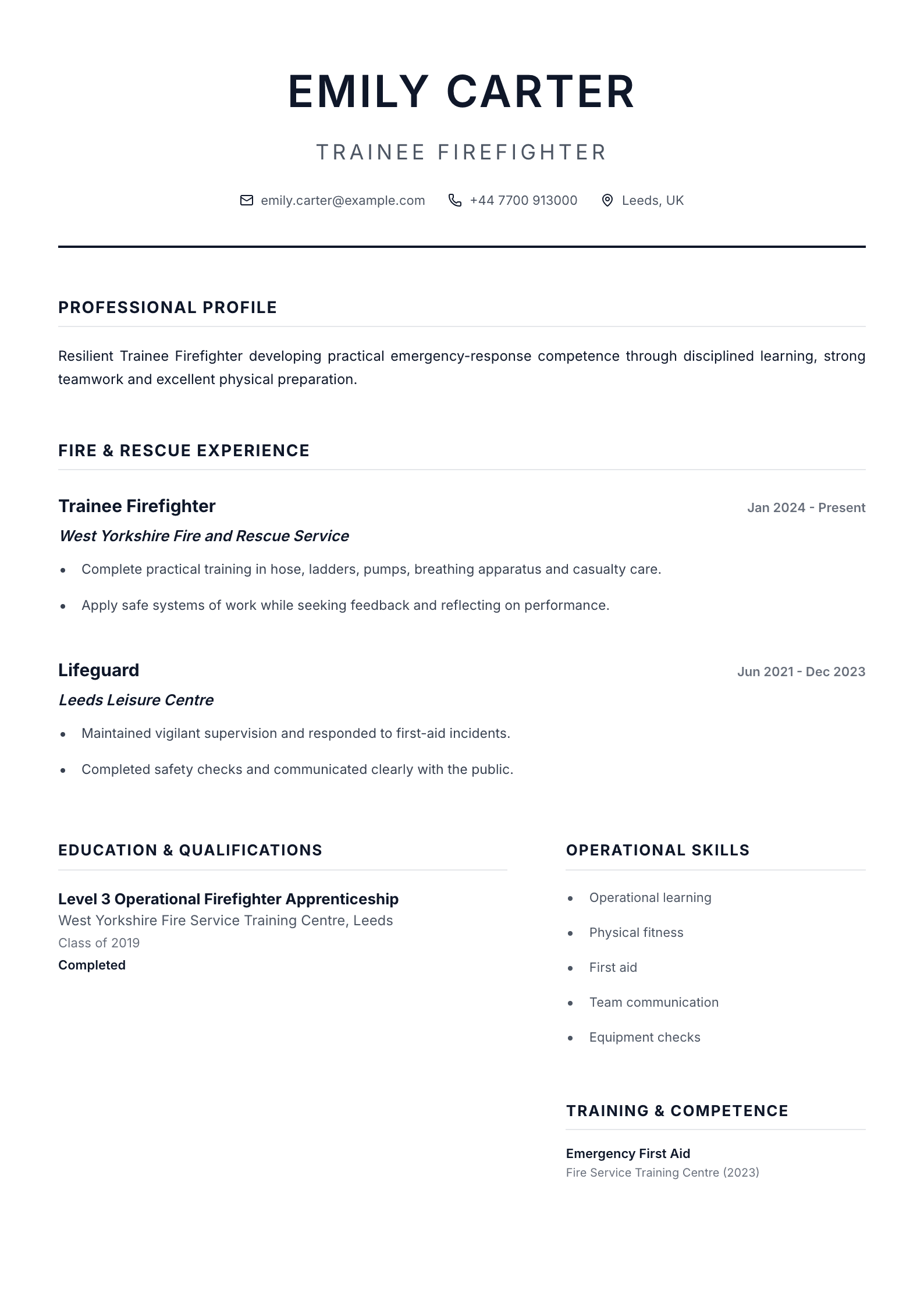 Trainee Firefighter CV template