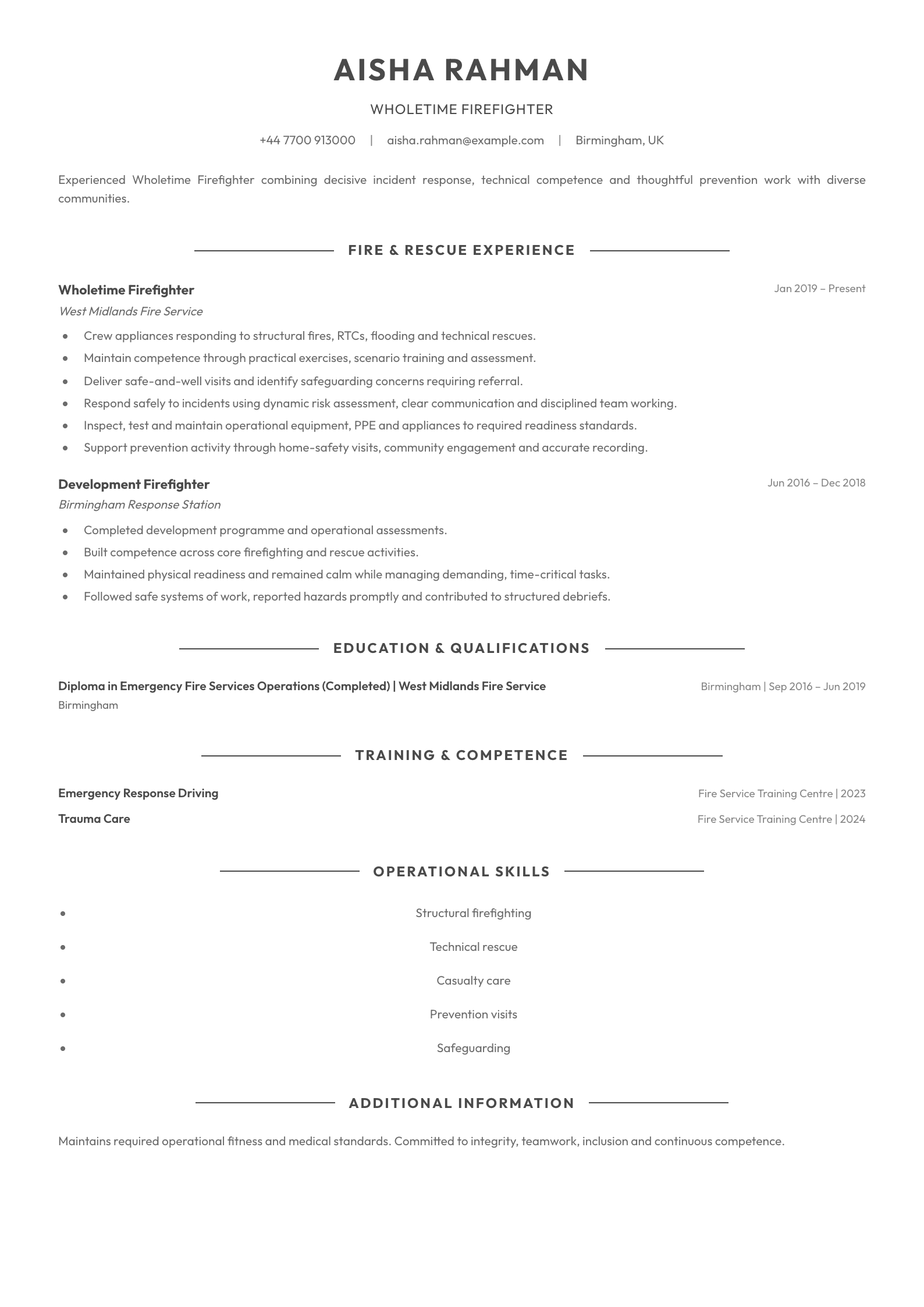 Wholetime Firefighter CV template