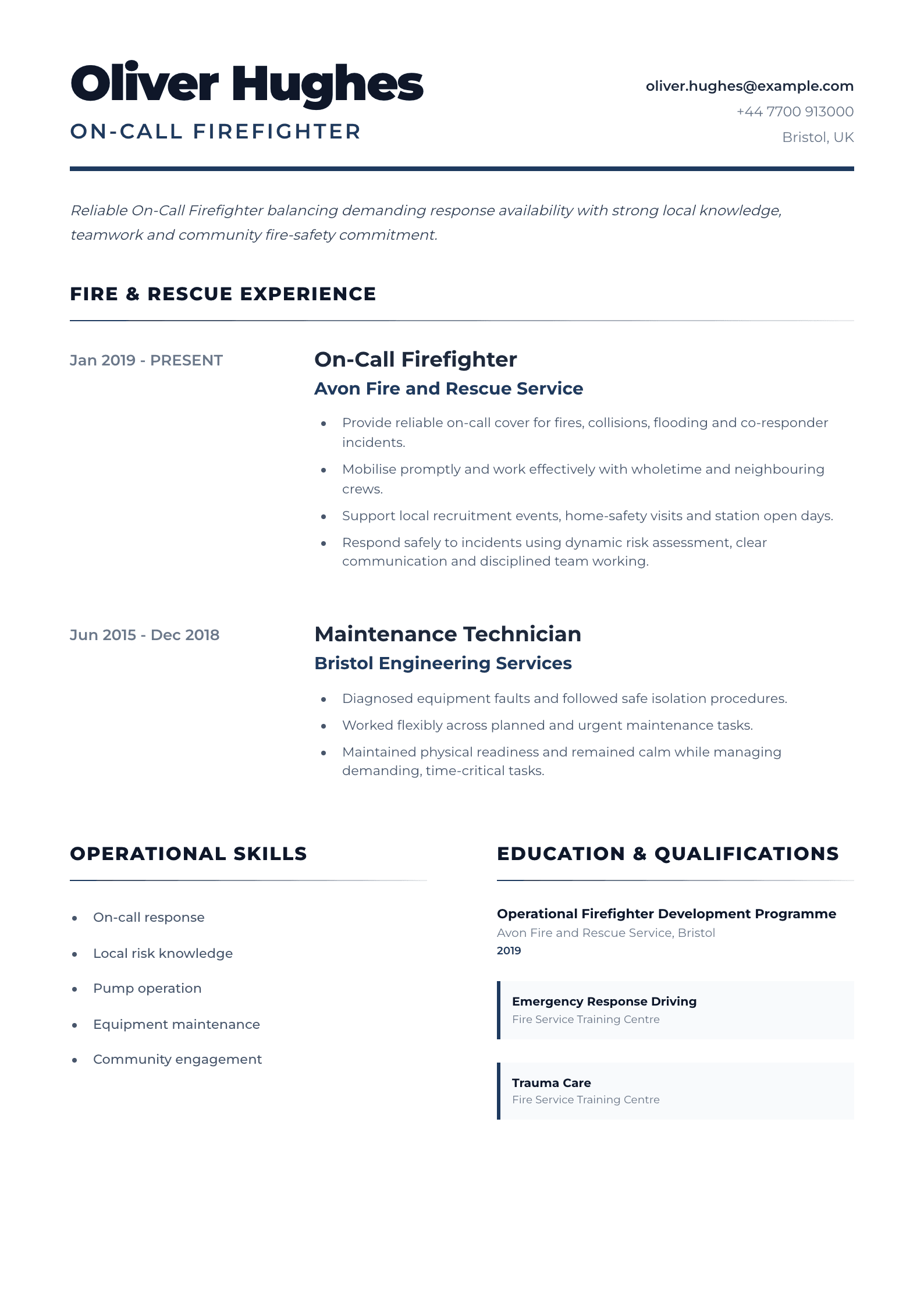 On-Call Firefighter CV template