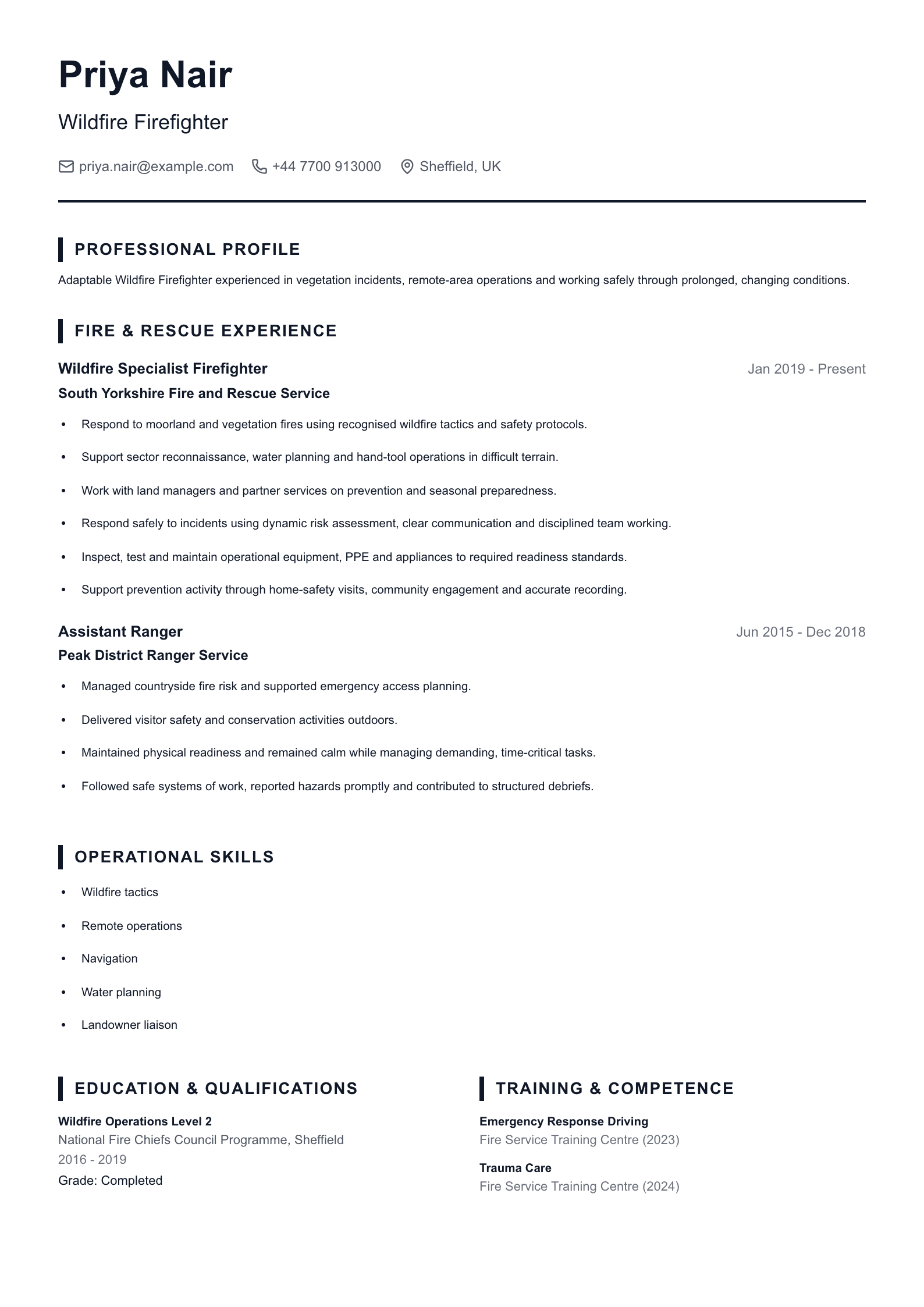 Wildfire Firefighter CV template