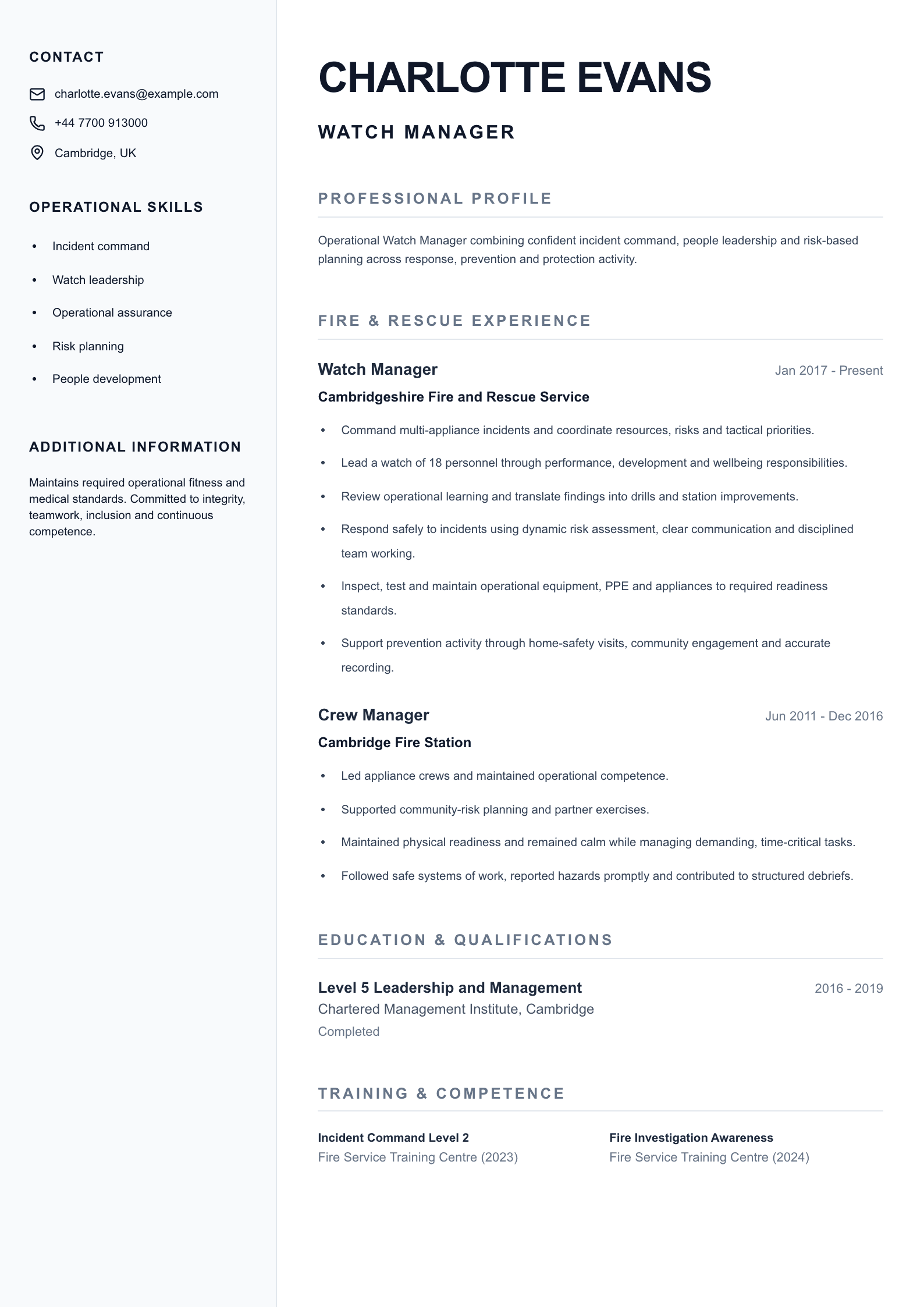 Watch Manager CV template