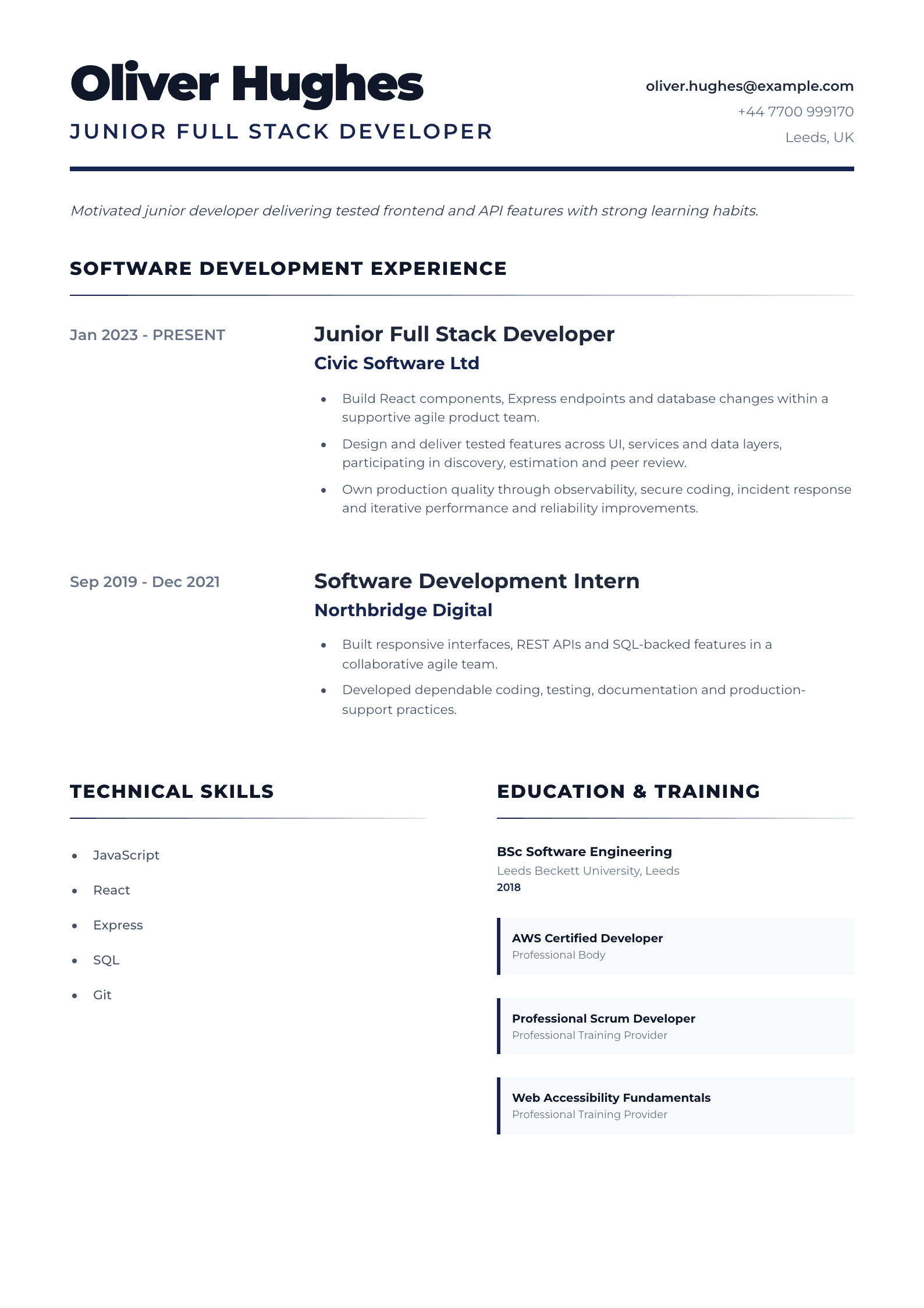 Junior Full Stack Developer CV template