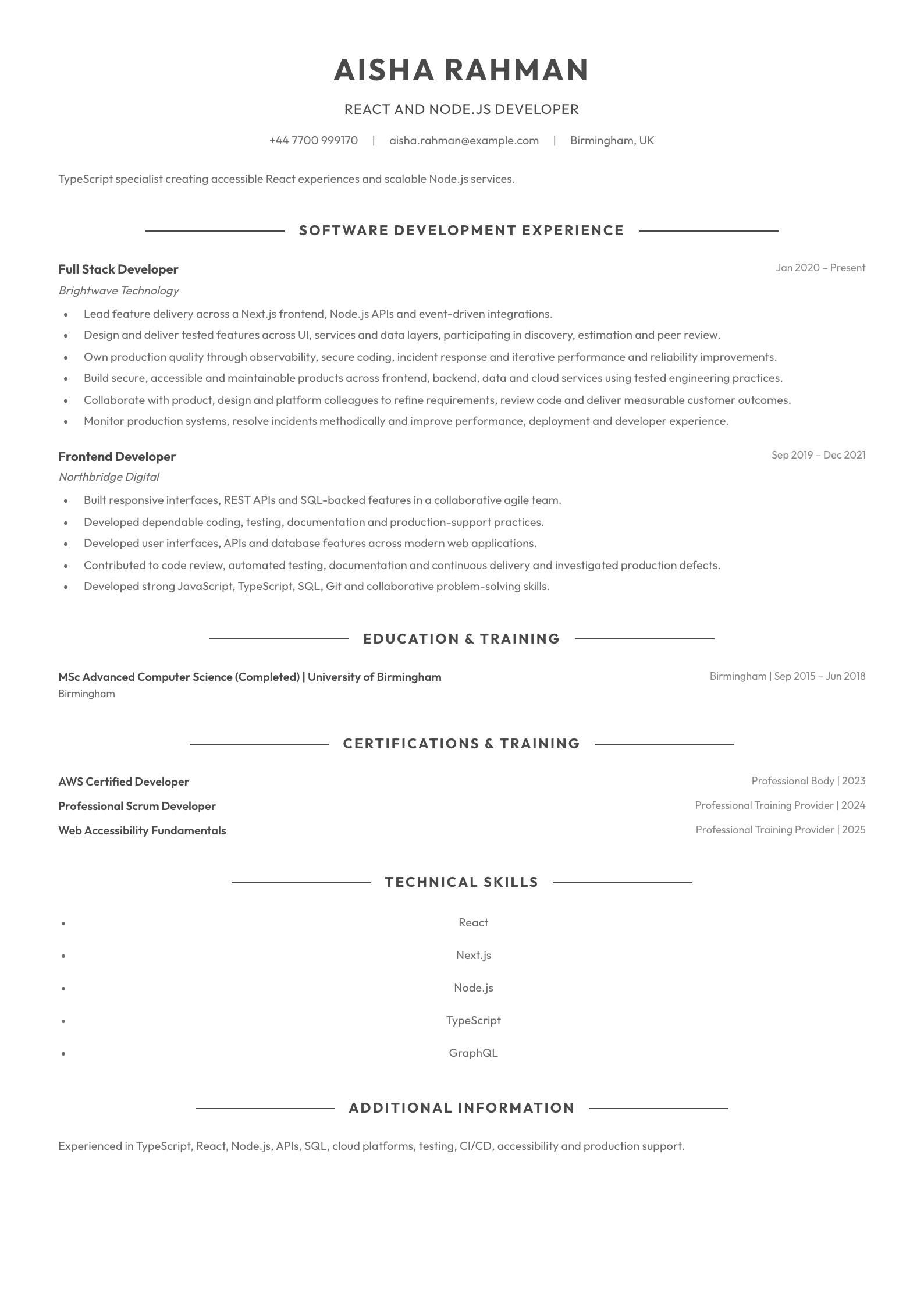 React and Node.js Developer CV template