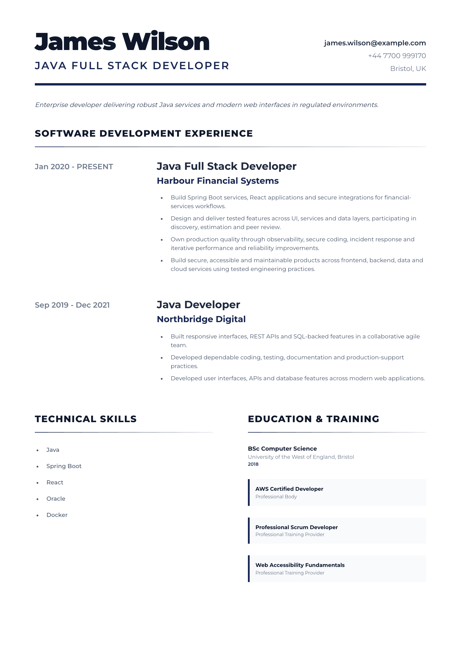 Java Full Stack Developer CV template