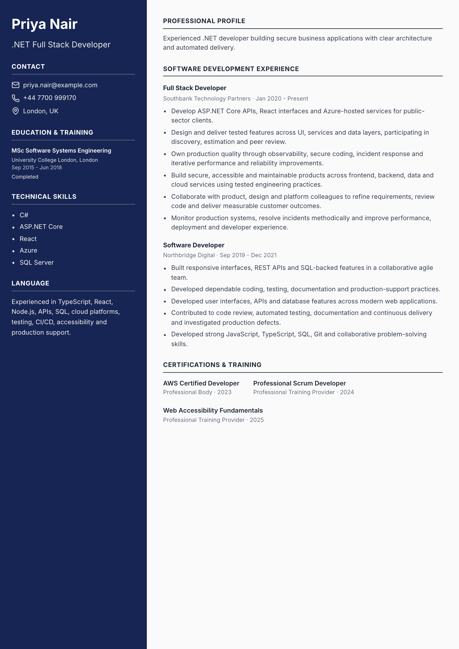 .NET Full Stack Developer CV template