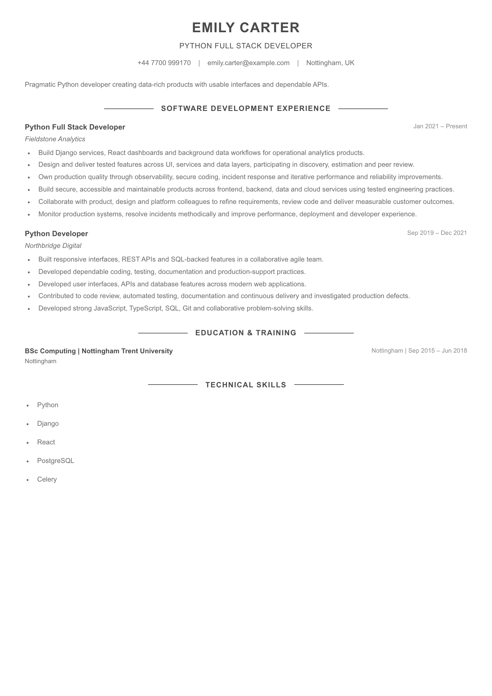 Python Full Stack Developer CV template