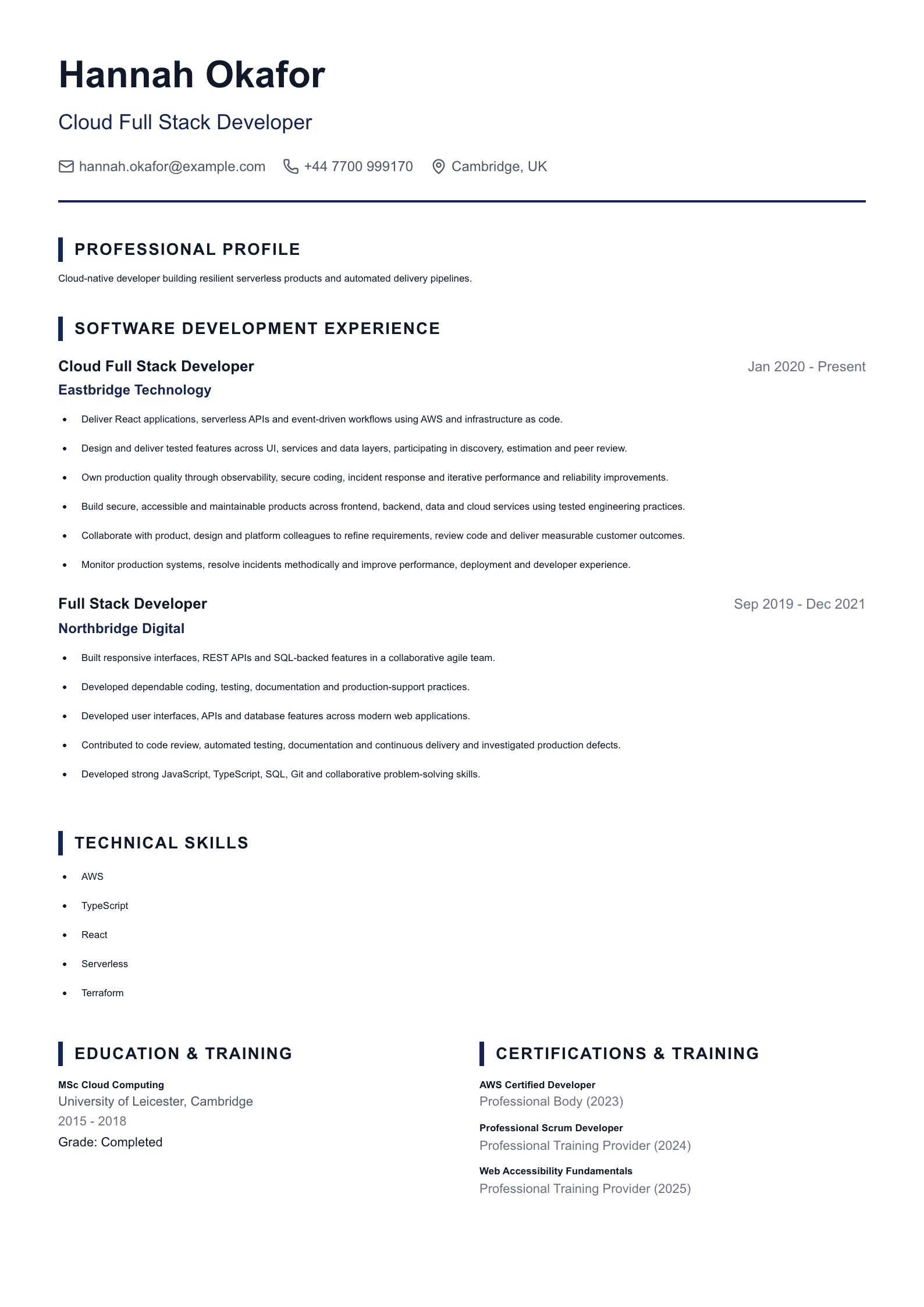 Cloud Full Stack Developer CV template