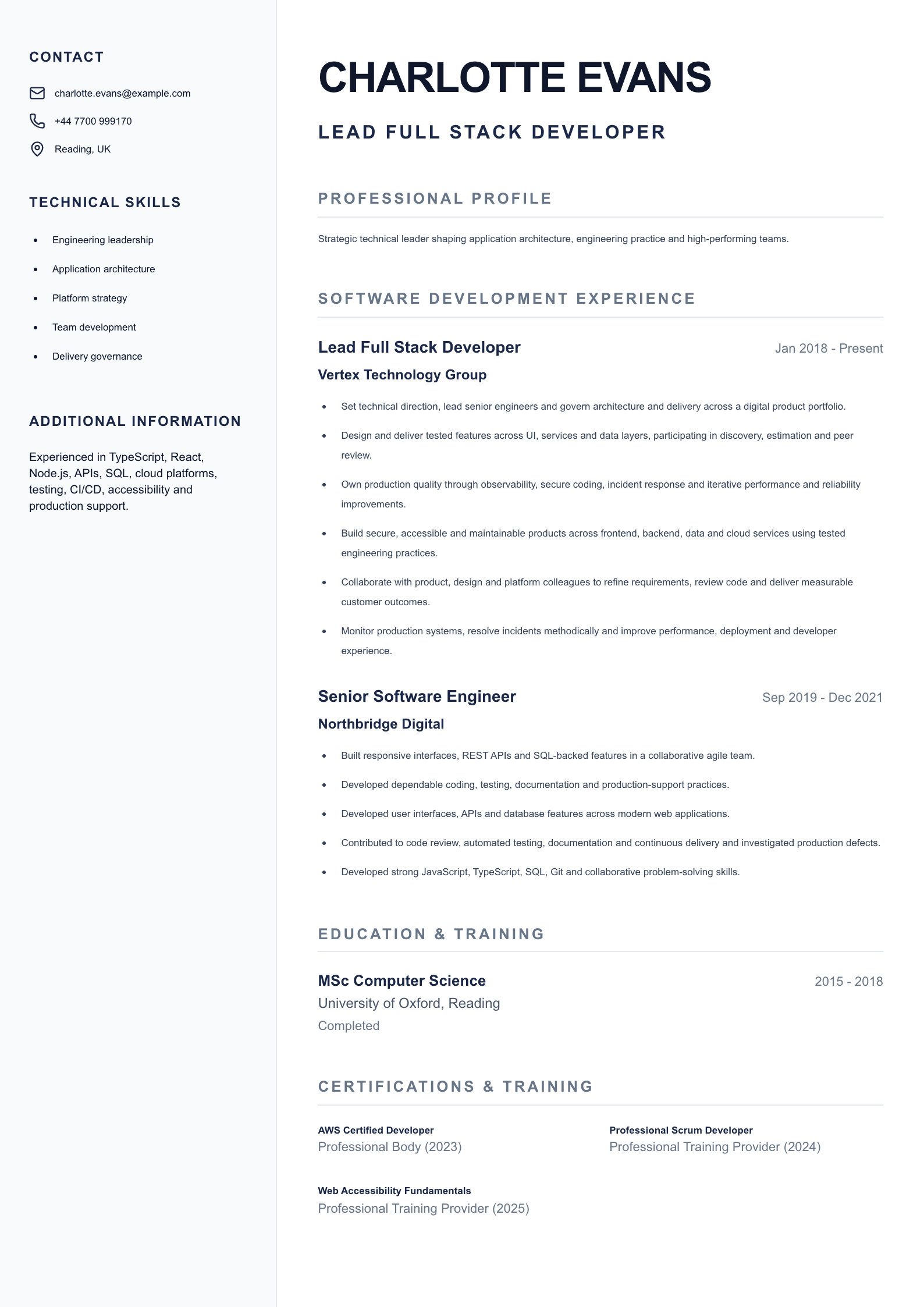 Lead Full Stack Developer CV template