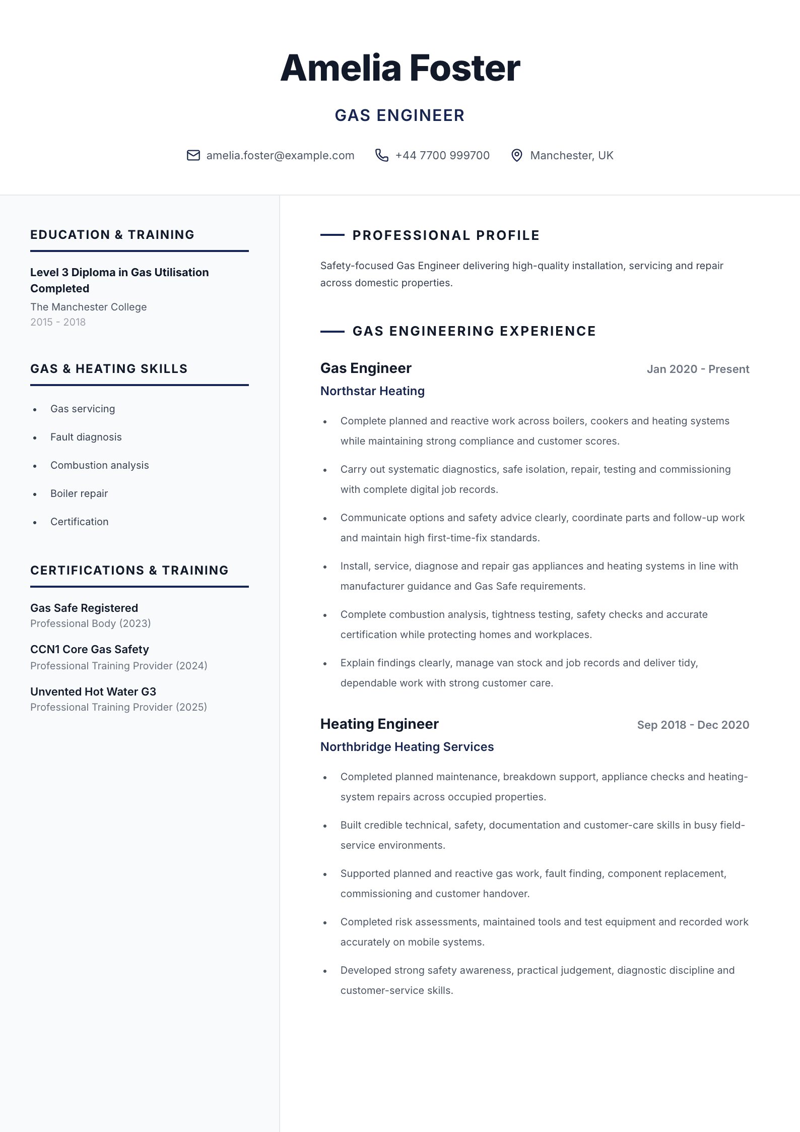 Gas engineer CV