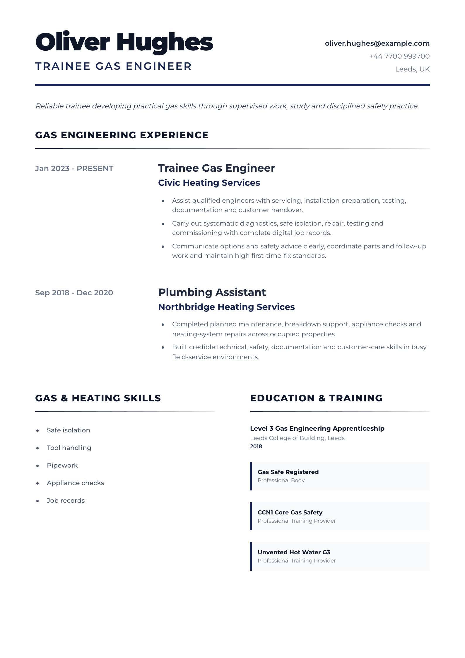 Trainee Gas Engineer CV template