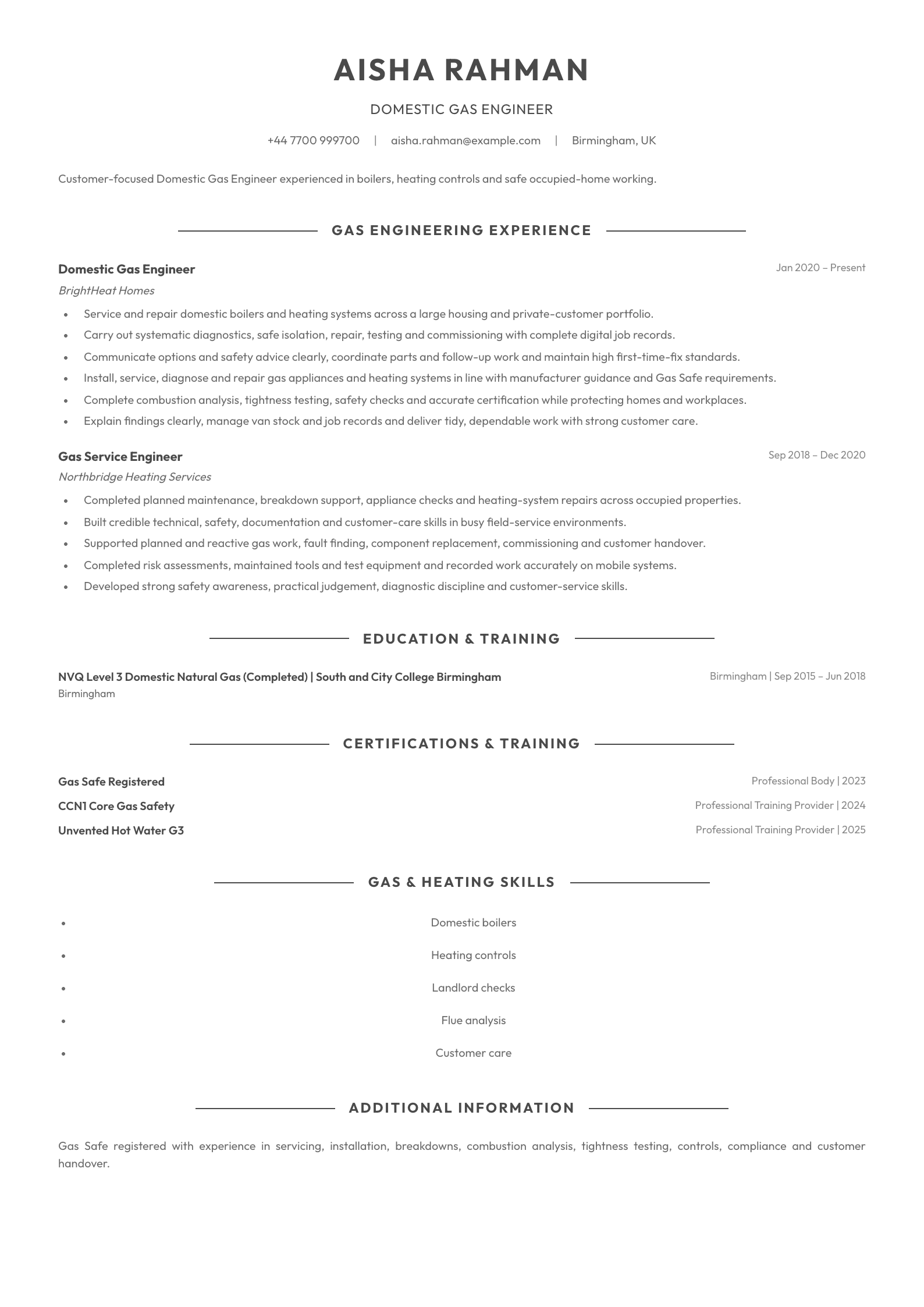 Domestic Gas Engineer CV template