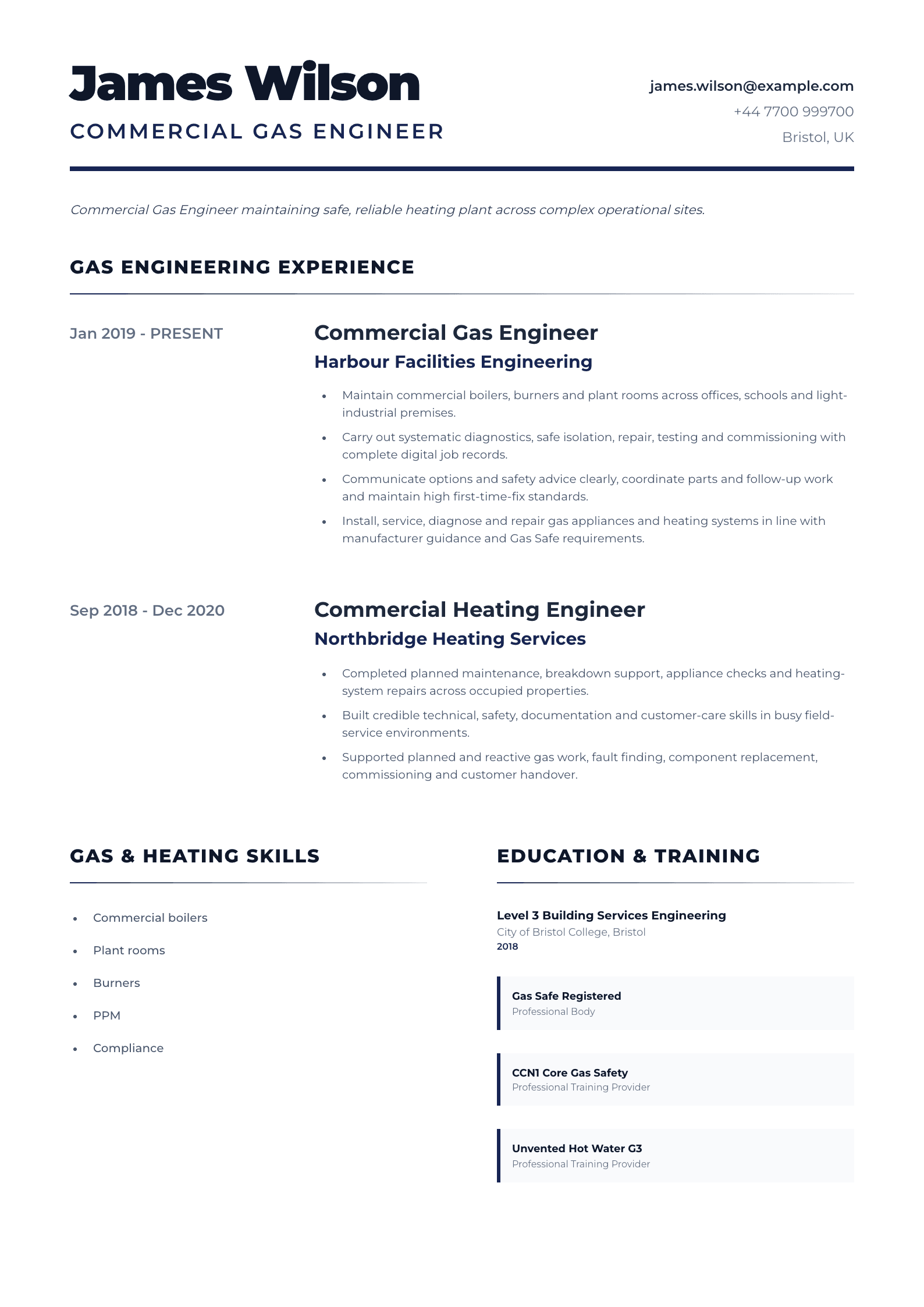 Commercial Gas Engineer CV template