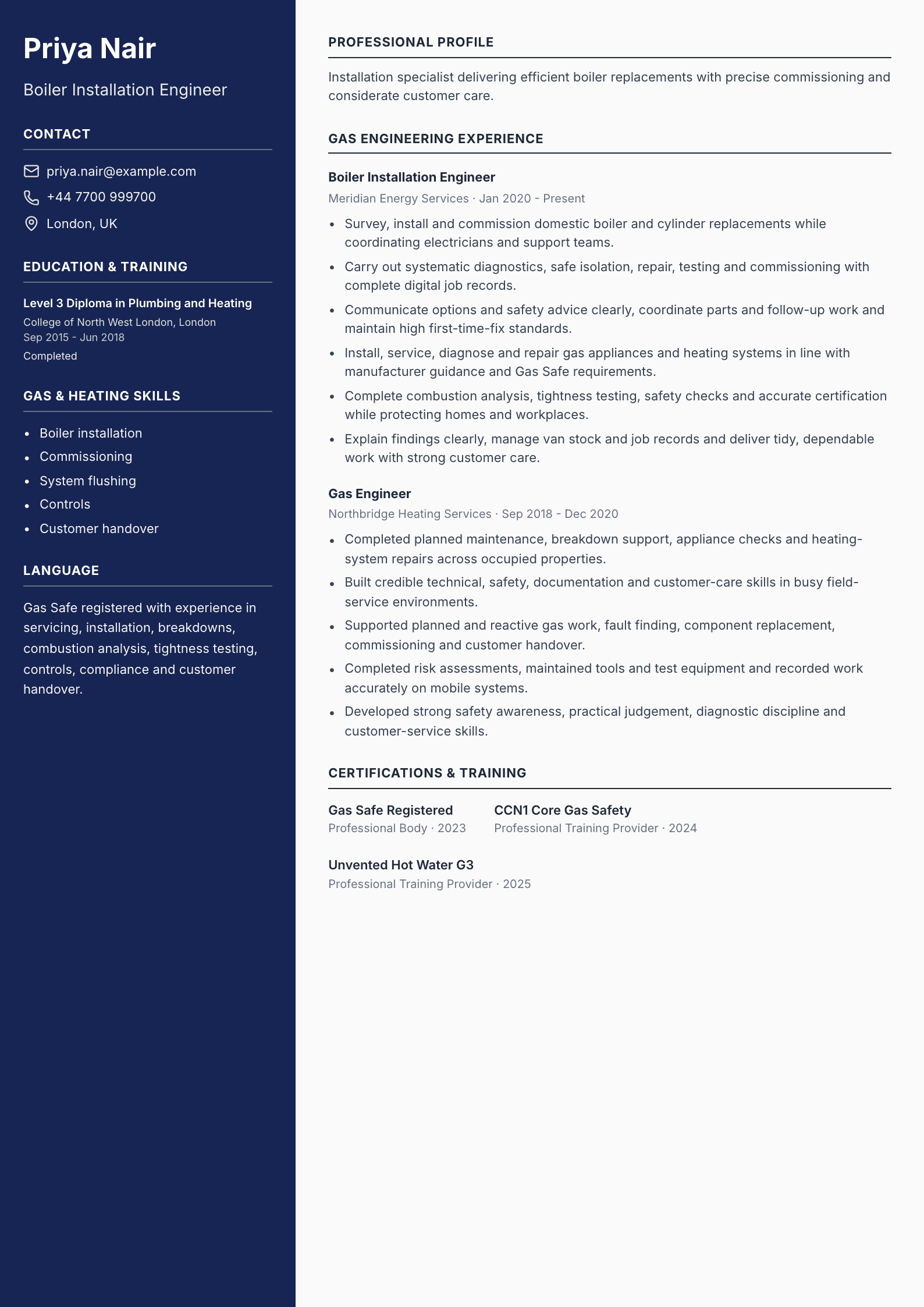 Boiler Installation Engineer CV template