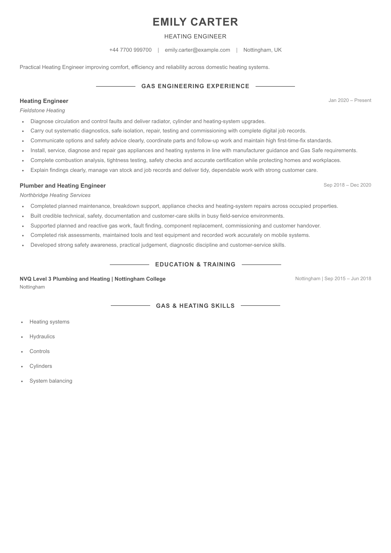Heating Engineer CV template