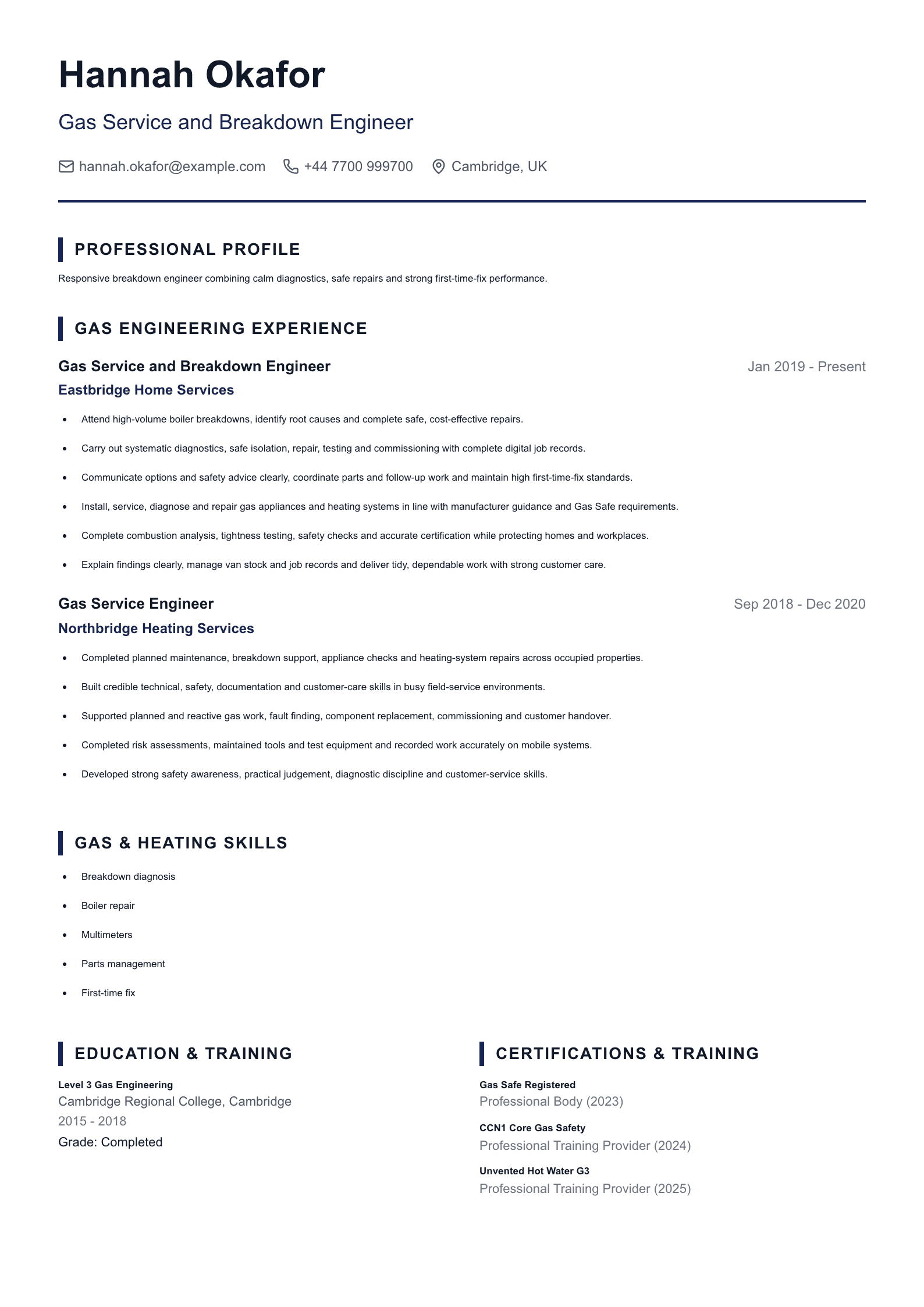 Gas Service and Breakdown Engineer CV template