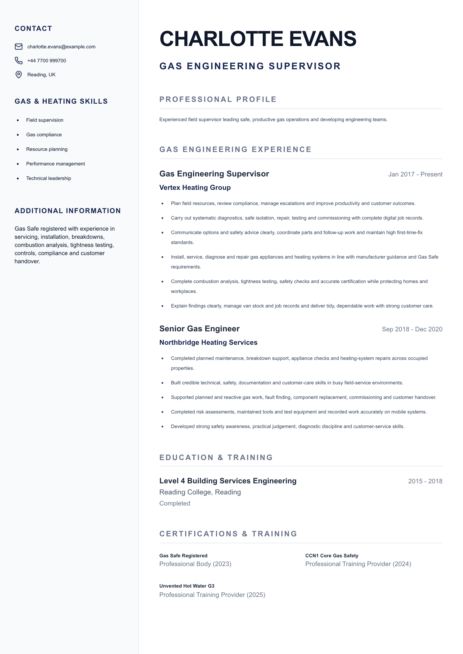 Gas Engineering Supervisor CV template