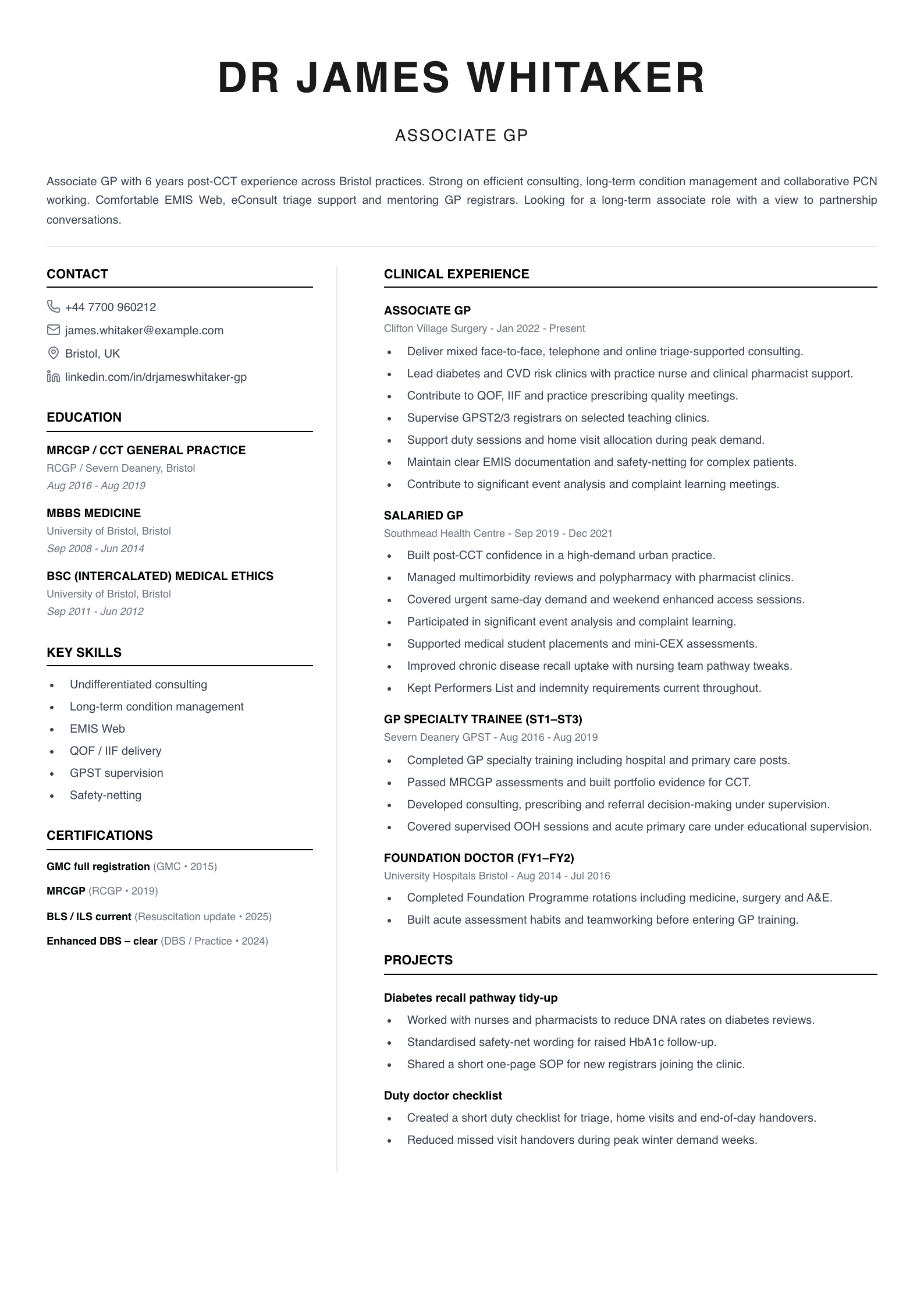 associate GP CV template