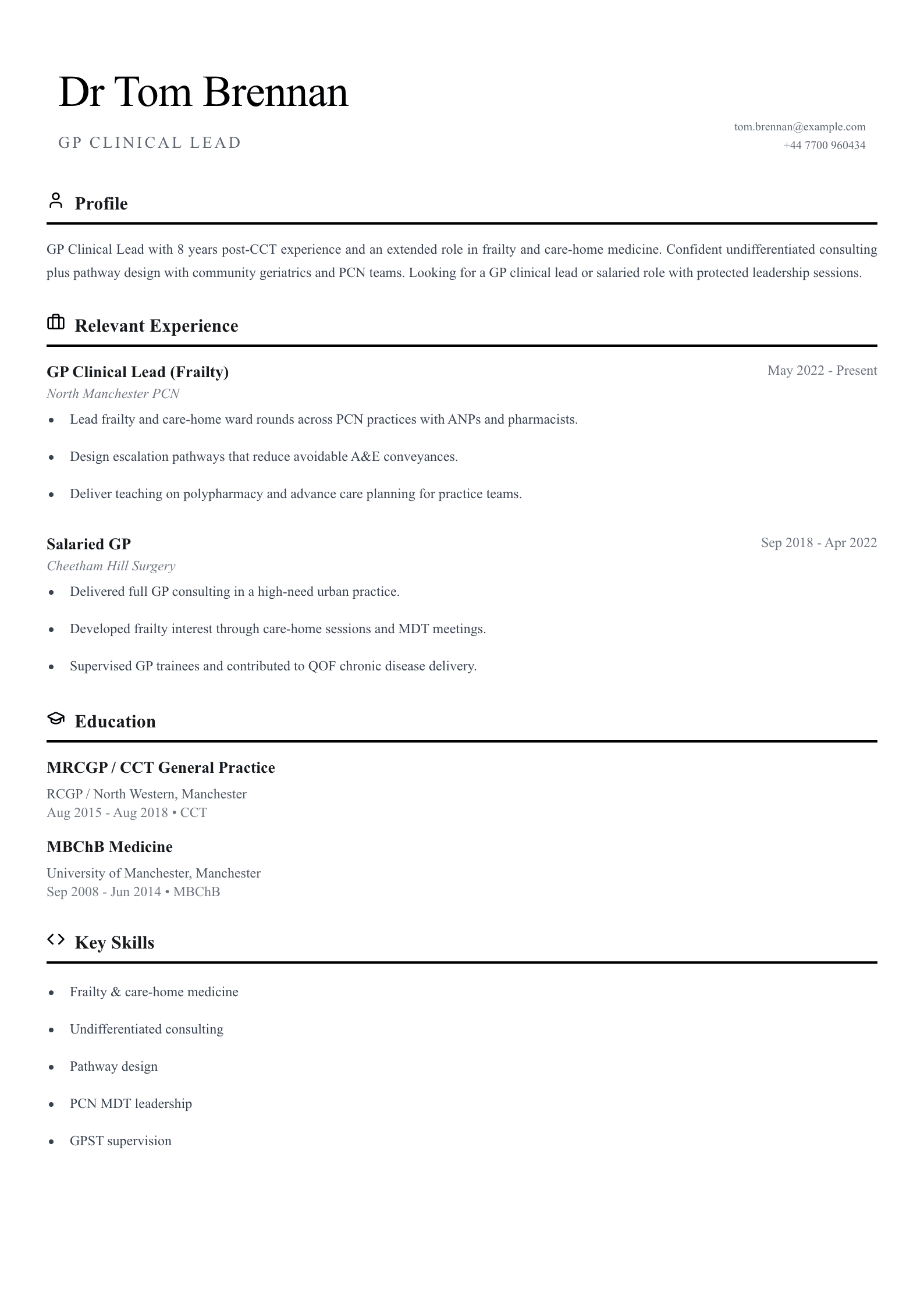 GP Clinical Lead CV template