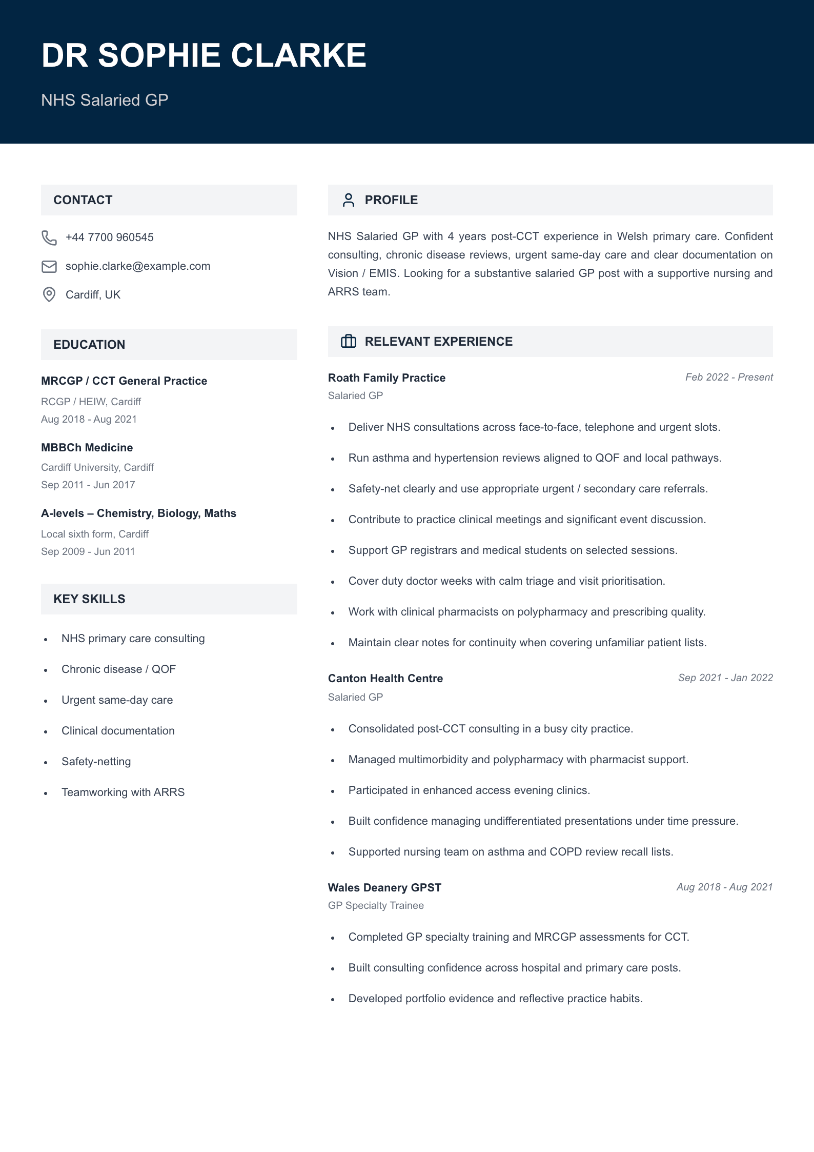 NHS salaried GP CV template