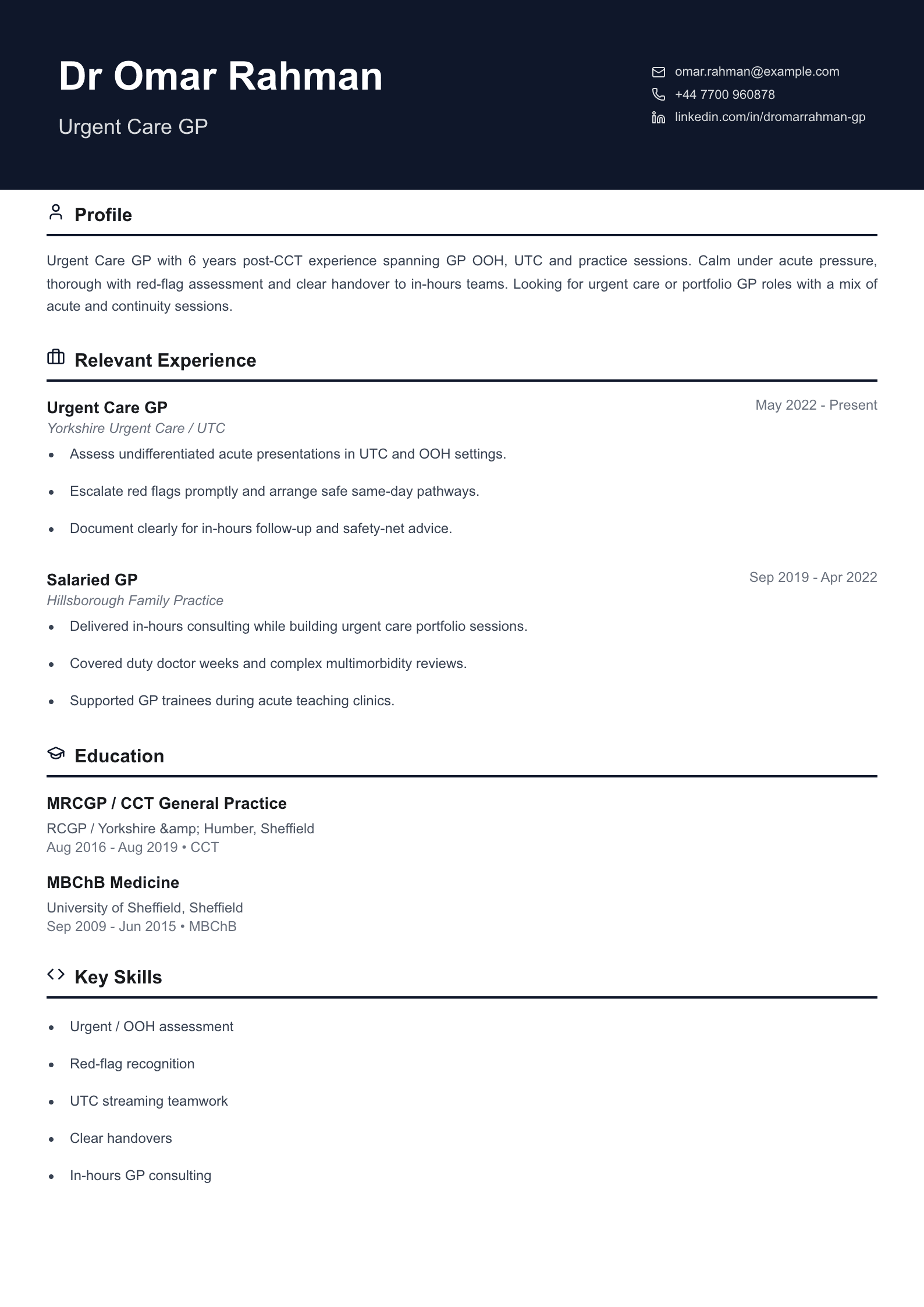 urgent care GP CV template