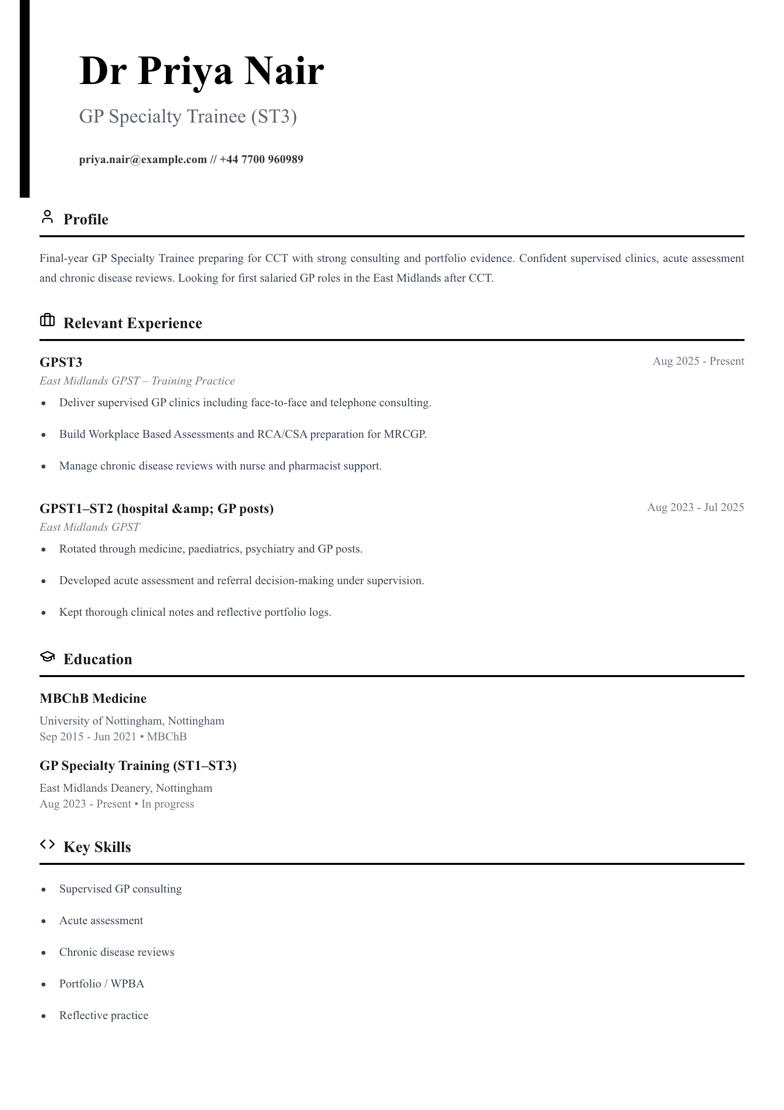 GP specialty trainee CV template