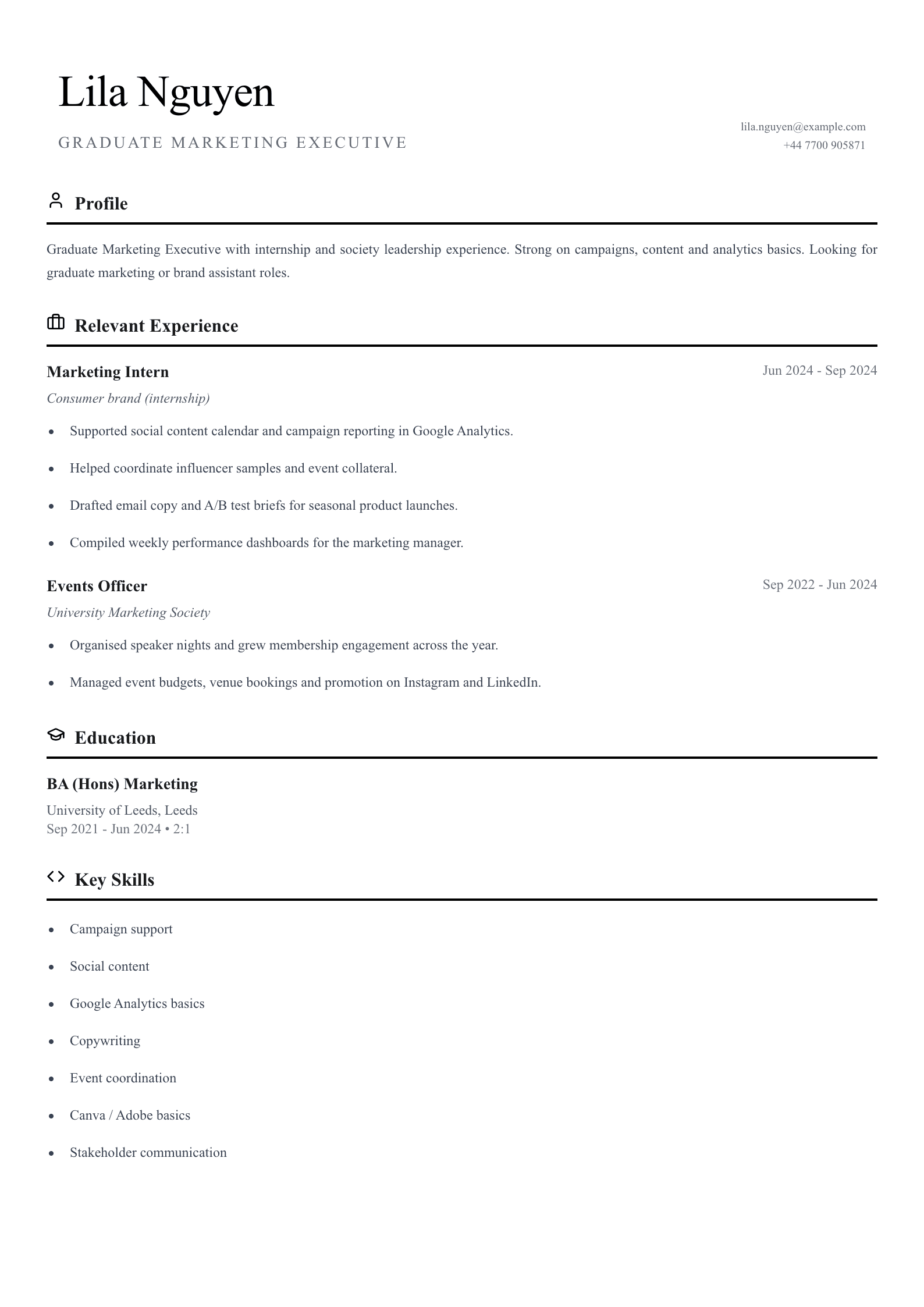graduate marketing cv template