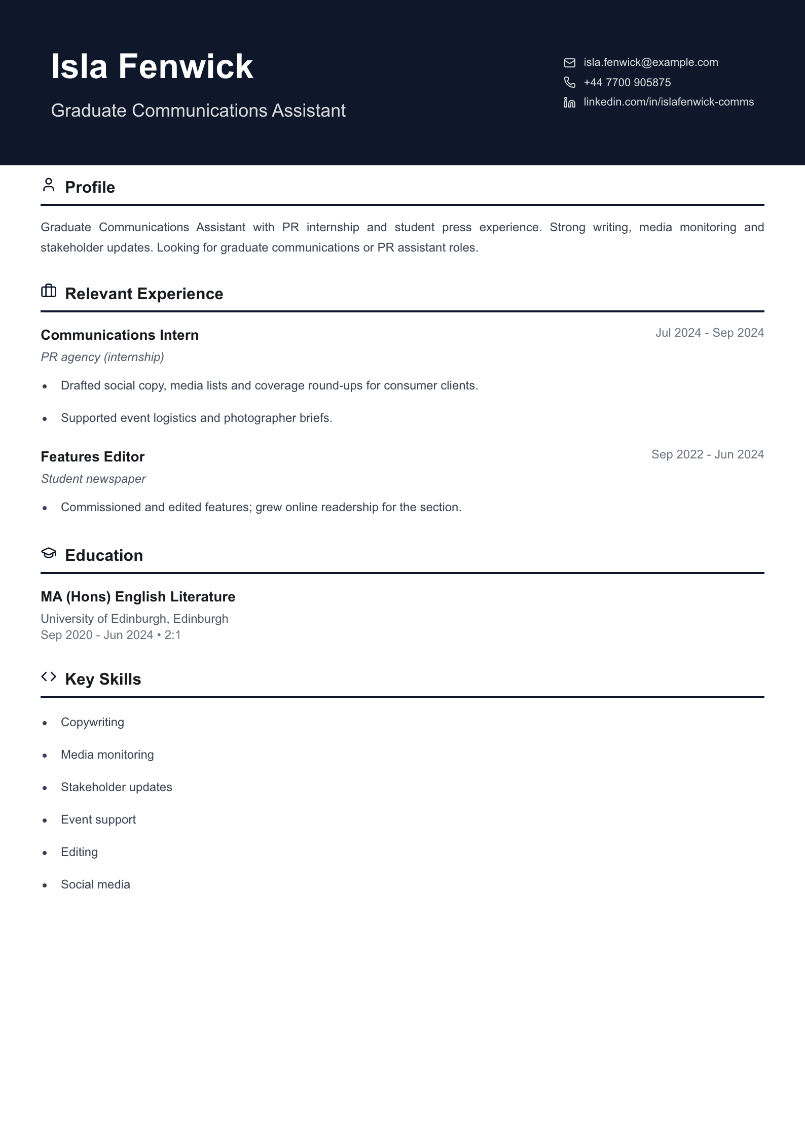 graduate communications cv template